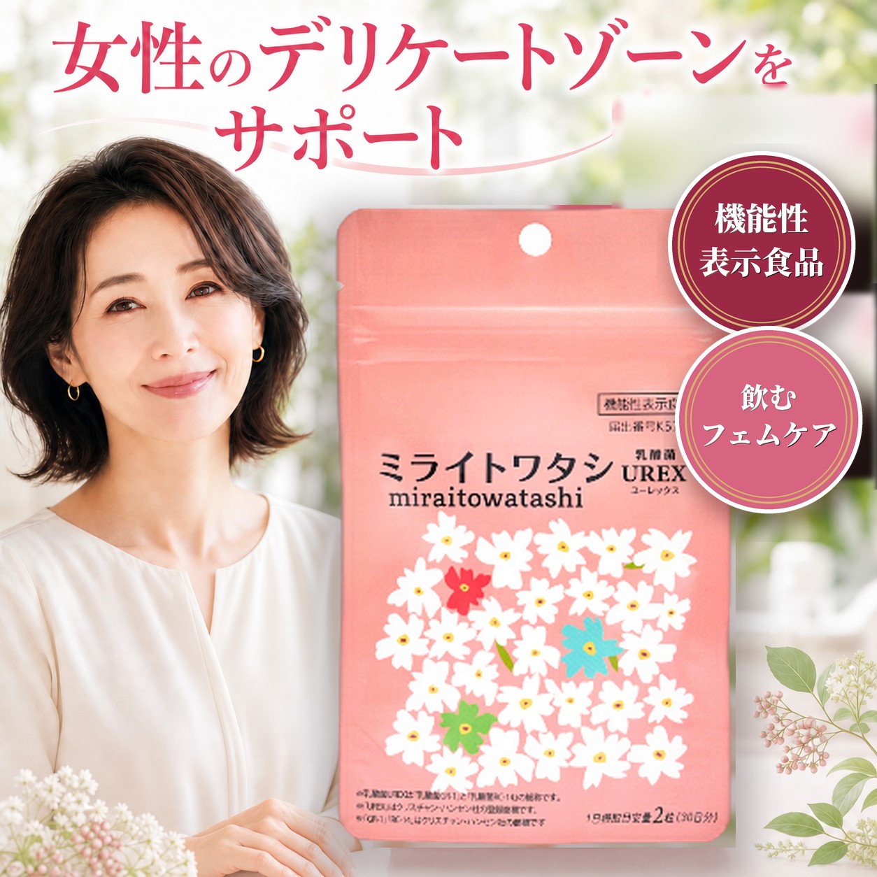 【機能性表示食品】届出番号K578 【機能性表示】 本品には乳酸菌GR-1（Lactobacillus rhamnosus)および乳酸菌RC-14(Lactobacillus reuteri)が含まれます。乳酸菌GR-1および乳酸菌RC-14には、膣内環境を良好にし、膣内の調子を整える機能が報告されています。 【機能性関与成分】乳酸菌GR-1:5億個（Lactobacillus rhamnosus)乳酸菌RC-14:5億個(Lactobacillus reuteri) 【名称】乳酸菌含有食品 【原材料名】マルチトール（国内製造）、マルトデキストリン、イヌリン、乳酸菌混合末（生菌）／結晶セルロース、ヒドロキシプロピルセルロース、ステアリン酸Ca、微粒二酸化ケイ素、紅花色素 【内容量】16.8g（1粒280mg×60粒）x　3袋 【賞味期限】パッケージ裏面に記載 【保存方法】高温多湿や直射日光をさけ、常温で保存してください。 【販売者】株式会社UMARERU　兵庫県尼崎市南塚口町2-35-17 【製造所固有記号】商品包装上の「賞味期限」の右に記載 【製造国】日本 【栄養成分】 UREX 2粒（560mg）あたり エネルギー 1.88kcal　　たんぱく質 0.01g　　脂質 0.01g 炭水化物 0.51g　　　　食塩相当量 0.002g乳酸菌サプリをお探しの方へ。ミライトワタシは、女性のために開発されたデリケートゾーンサプリです。匂い対策・かゆみ対策を内側から考える飲むフェムケアとして、多くの女性に選ばれています。 本商品は、乳酸菌GR-1・乳酸菌RC-14を配合した女性用サプリ。毎日のコンディションを整えるための乳酸菌サプリとして、デリケートゾーンの環境を意識した設計になっています。外側ケアだけでなく、内側から整える新習慣をサポートします。 「匂い対策をしたい」「消臭サプリを探している」「かゆみ対策を日常的に意識したい」「飲むフェムケアを始めたい」そんな方におすすめの女性用サプリです。乳酸菌サプリを毎日の習慣にすることで、すこやかな毎日をサポートします。 ミライトワタシは安心の日本製サプリ。国内製造で品質管理のもと生産されています。デリケートゾーンサプリとして継続しやすいカプセルタイプを採用し、忙しい女性でも続けやすい設計です。 乳酸菌GR-1・乳酸菌RC-14配合の乳酸菌サプリで、匂い対策・かゆみ対策・消臭サプリとしての新しい選択肢を。女性用サプリとして毎日のセルフケアに取り入れやすい、飲むフェムケア習慣を始めてみませんか。