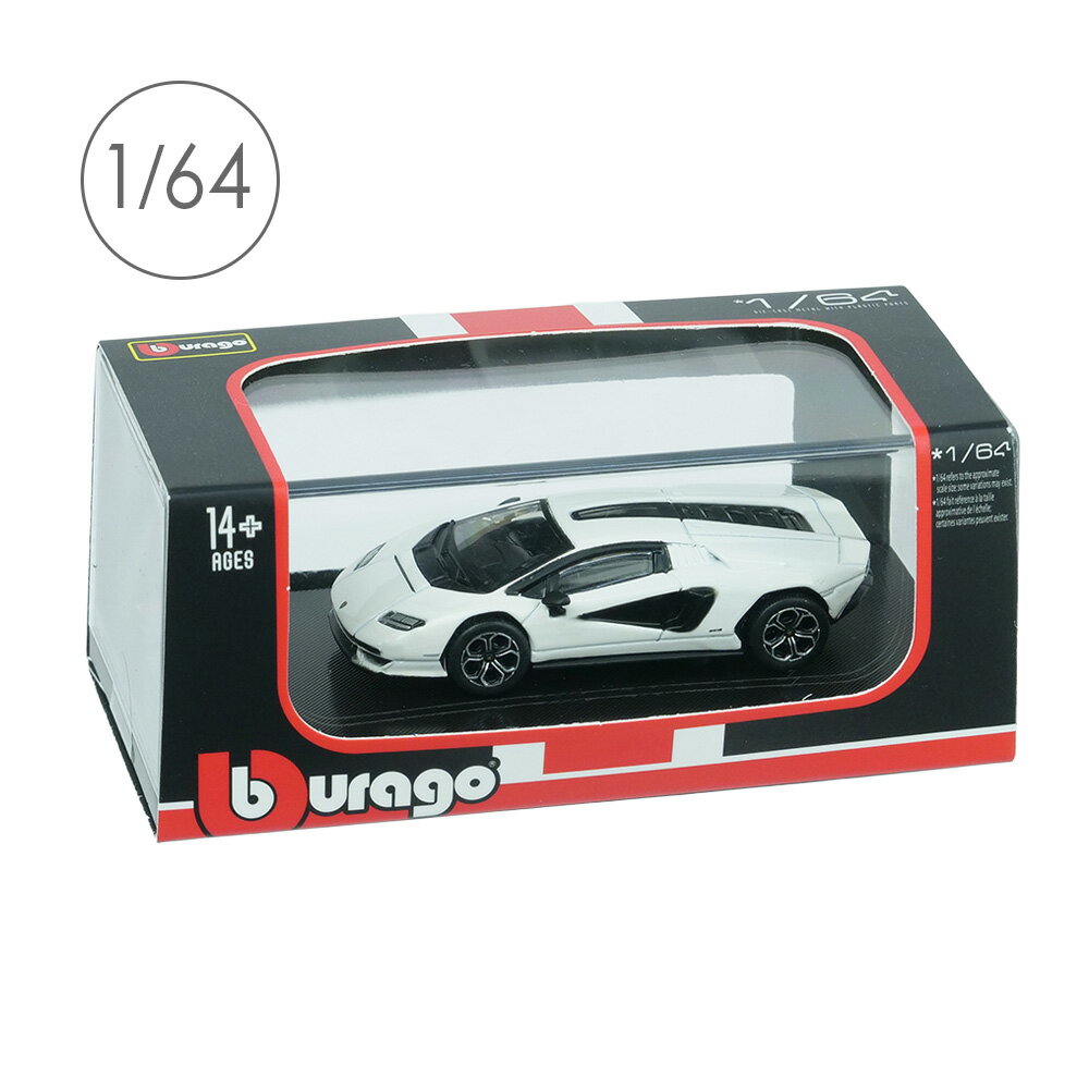 手のひらサイズの1/64ミニカーコレクション 【※ご注意※】 本モデルカーは"精密モデルカー"ではありません。 在庫品のうち必ず、塗装のムラやツブ立ち、多少の傷やパーツ取り付けの歪み、チリが合わないなどございます。 交換をご希望の場合、同程度の商品と交換となります。 ■商品スペック 対象年齢：14歳以上 メーカー：BBURAGO(ブラーゴ) ダイキャスト製 スケール：1/64 ボディカラー：ホワイト 可動パーツ：なし 透明ケース：あり 台座：あり 外箱：厚紙製スリーブ 品番：BUR24936W 中国製 4548565514014 202604 ■ミニカー特徴 プラスチックの台座と透明ケースに入っています。 ドアミラー（鏡は無し）も付いています。同シリーズ他の車種ではドアミラーが省かれている場合があります。 ブラーゴ製でコスパに優れた製造クオリティ。細部のディティールは省略可されていますが、塗装表面はきれいな光沢です。 ■実車について 2021年に発表された限定生産のハイブリット車。 先代カウンタックのプロトタイプ版がジュネーブショーで発表された。 1971年から50周年を迎えることで企画された。