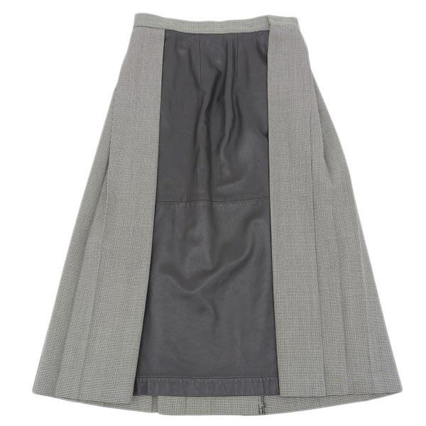 【中古】 ヨウジヤマモト Yohji Yamamoto 千鳥格子 レザー ドッキング プリーツ スカート レディース 黒 白 size1 2003AW [Y03040]