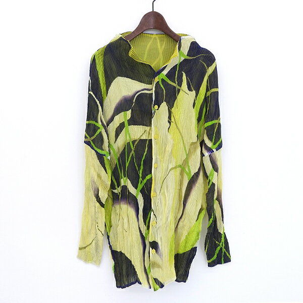 未使用 ISSEY MIYAKE イッセイ ミヤケ IM91FJ130 サイズ2 ボタニカルカラー プリーツ シャツ レディース イエロー ネイビー YB0052 【中古】