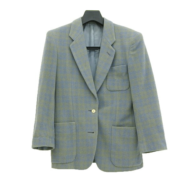 Wool - renoma レノマ レトロ 2400-5402 サイズ42 カシミヤ混 二つボタン 金釦 チェック柄 テーラード ジャケット レディース ブルー系 YB0079 【中古】