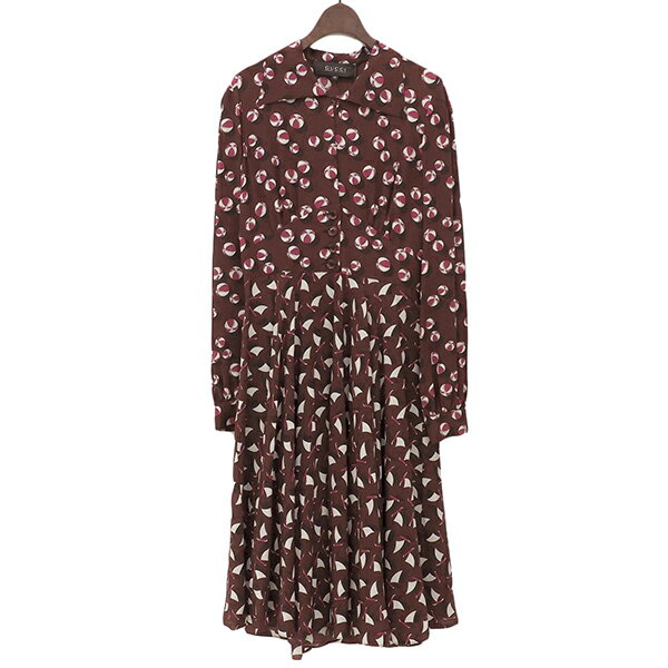 Rakuten - GUCCI グッチ サイズ40 紙タグ付 シルク ウエスト切り替え 総柄 長袖 シャツワンピース レディース ボルドー YB0209 【中古】