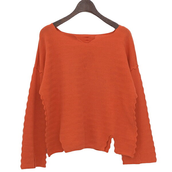 Rakuten - ISSEY MIYAKE HaaT イッセイミヤケ ハート HA63KJ355 サイズ3 コットン混 スリットネック ショート丈 長袖 ニット トップス レディース オレンジ ECO0006 【中古】
