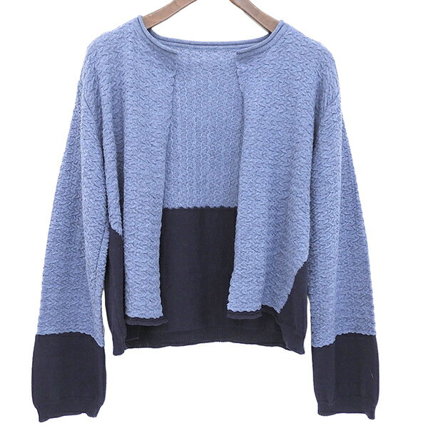 樂天商城 - ISSEY MIYAKE HaaT イッセイミヤケ ハート HA61KO356 サイズ2 カシミヤ混 バイカラー カラーブロック ショート丈 長袖 ニット カーディガン トップス レディース ブルー系 ネイビー ECO0024 【中古】