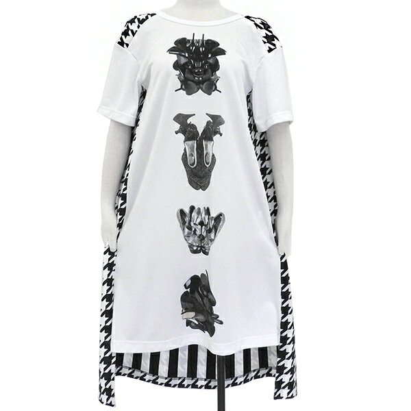 Rakuten - COMME des GARCONS コムデギャルソン PH-T008 AD2021 サイズS ポリエステル ハウンドトゥース ビッグシルエット 半袖 ワンピース レディース ホワイト ブラック ECO0069 【中古】