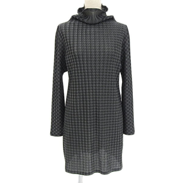 樂天商城 - 美品 ISSEY MIYAKE PLEATS PLEASE イッセイミヤケ プリーツプリーズ PP33-FT384 サイズ3 千鳥格子 ハウンドトゥース ハイネック 長袖 トップス レディース グレー ECO0110 【中古】