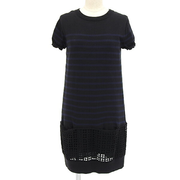 乐天商城 - Sacai luck サカイ ラック Cotton S/S Striped Eyelet Dress 15SS LU937 サイズ2 コットン 異素材 切り替え ニット ボーダー 半袖 ワンピース レディース ブラック ネイビー ECO0111 【中古】