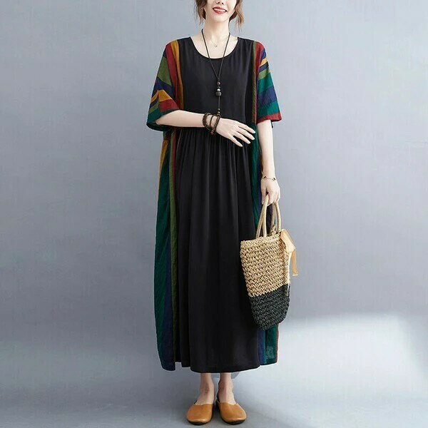 Fal′beu 無地×ストライプ コットン 綿 ギャザー ロング ワンピース 切替え 159-4192 レディースファッション 服 大人の ナチュラル ゆったり 大人コーデ きれいめ シンプル カジュアル 30代 40代 50代 60代 大きい 大人 フェミニン ladies 大人可愛い fashion 大人服