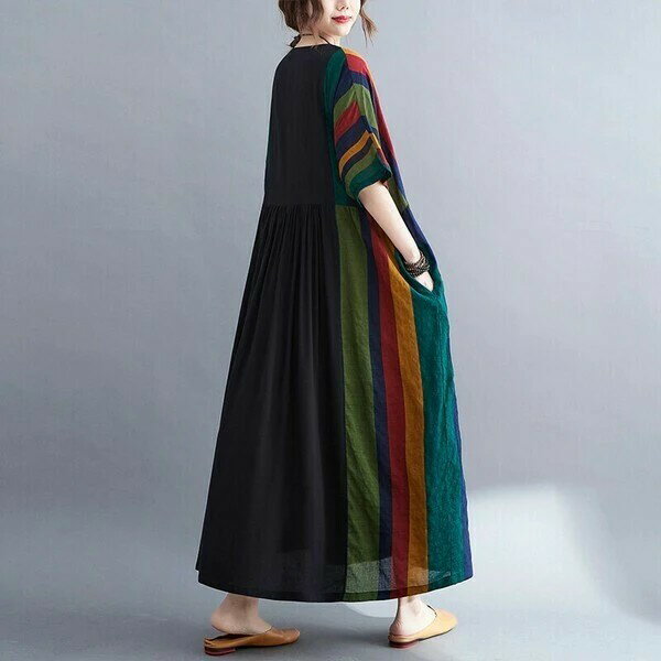 Fal′beu 無地×ストライプ コットン 綿 ギャザー ロング ワンピース 切替え 159-4192 レディースファッション 服 大人の ナチュラル ゆったり 大人コーデ きれいめ シンプル カジュアル 30代 40代 50代 60代 大きい 大人 フェミニン ladies 大人可愛い fashion 大人服