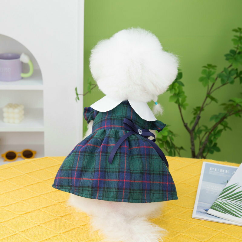 ドッグウェア 犬服 ペットウェア ワンピース ドレス スカート チェック柄 リボン付き グリーン レッド 春夏 春用 夏用 夏服 小型犬用 可愛い おしゃれ お散歩 わんちゃん用