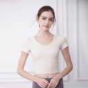 ヨガウェア トップス カップ付き 4color レディース 半袖 ヨガトップス ピラティスウェア ショート丈 シンプル かわいい パッド付き スポーツウェア フィットネス ホットヨガ ジムウェア ダンス トレーニング
