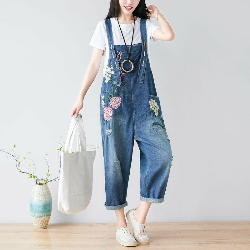 サロペット 大人可愛い 刺繍柄 デニムサロペット オールインワン サロペット サルエルパンツ デニム レディース オーバーオール ワイド ロング ゆったり 大人 パンツ サロペット 可愛い きれいめ カジュアル オールシーズン