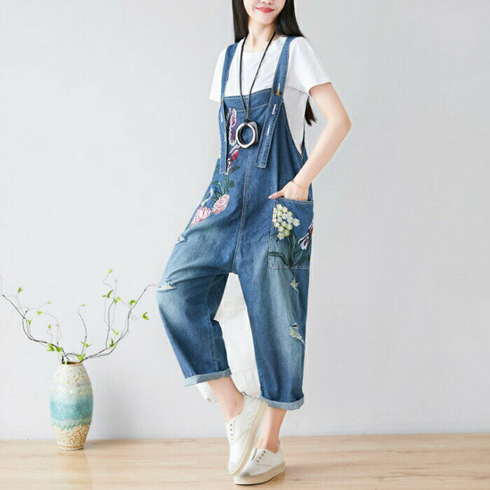 サロペット 大人可愛い 刺繍柄 デニムサロペット オールインワン サロペット サルエルパンツ デニム レディース オーバーオール ワイド ロング ゆったり 大人 パンツ サロペット 可愛い きれいめ カジュアル オールシーズン
