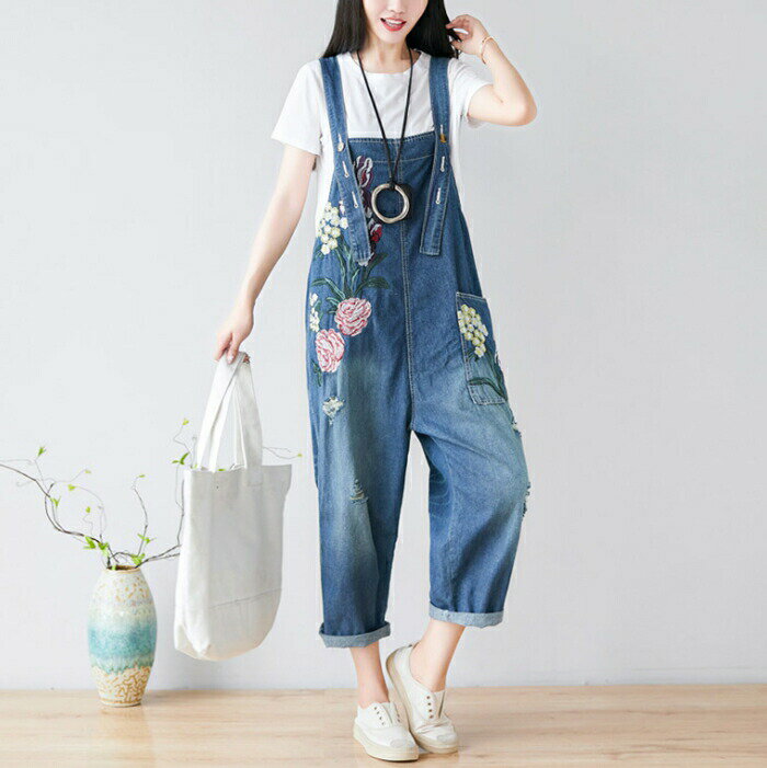 サロペット 大人可愛い 刺繍柄 デニムサロペット オールインワン サロペット サルエルパンツ デニム レディース オーバーオール ワイド ロング ゆったり 大人 パンツ サロペット 可愛い きれいめ カジュアル オールシーズン