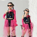 女の子 ダンス 衣装 セットアップ 演出服 4点セット ピンク スパンコール ダンス衣裳 ジャズダンス ヒップホップ チュールパンツ 肩袖Tシャツ レザーベスト かっこいい