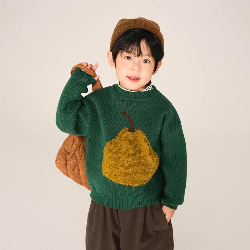 キッズ セーター オシャレ 可愛い アウターウェア クルーネック カジュアル 暖かい 男の子 女の子 梨柄 子供