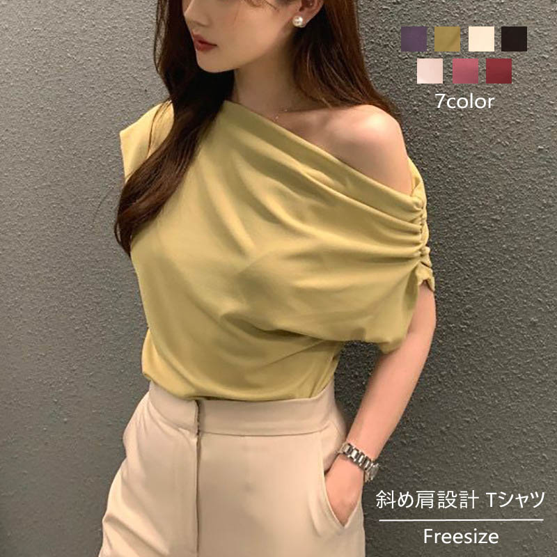 乐天商城 - Tシャツ トップス 夏 新作 小さなデザイン 不規則 斜め肩 デザイン ゆったり おしゃれ 無地 Tシャツ ブラウス 半袖 セクシー 普段使い 送料無料