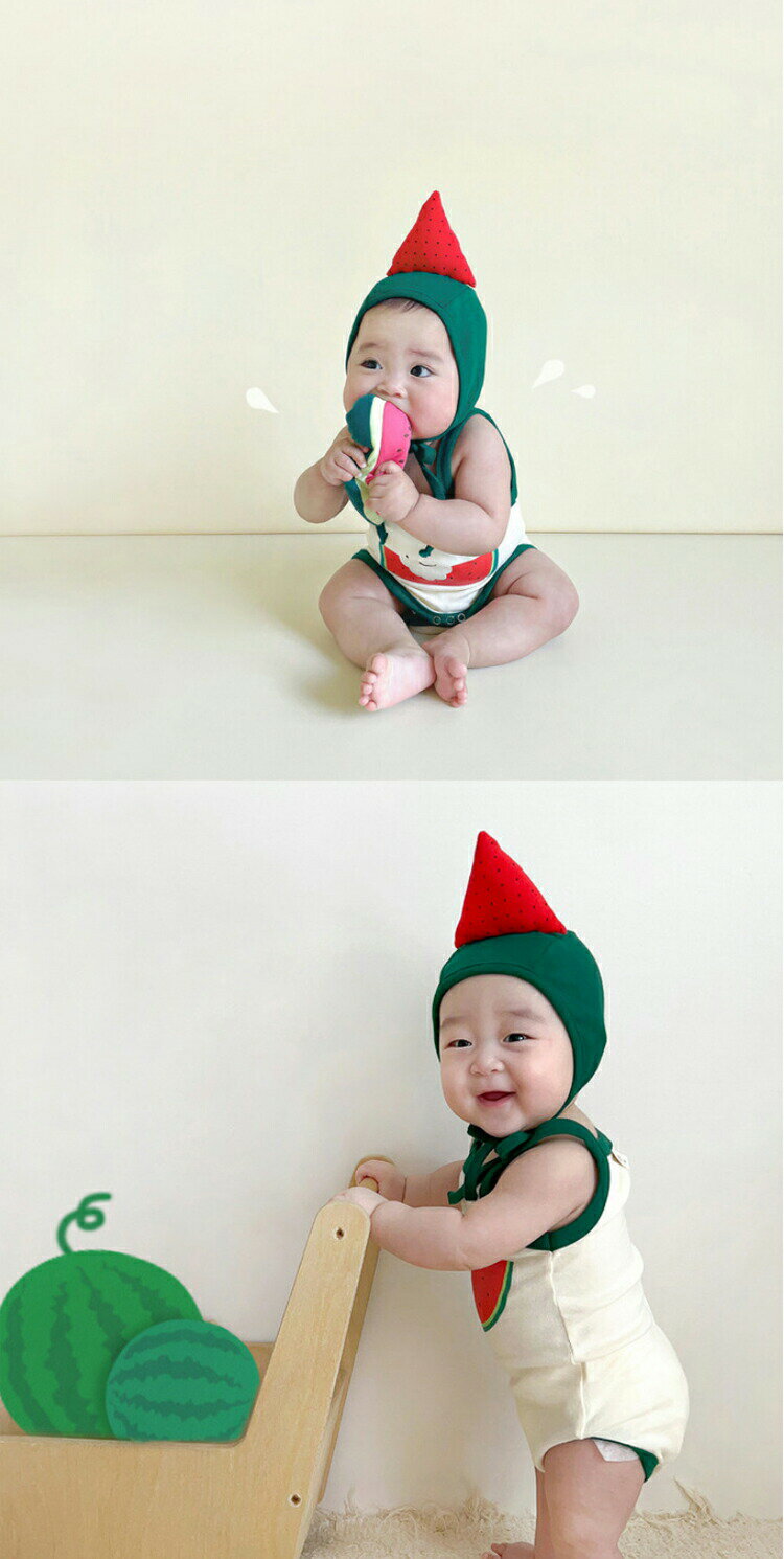 ロンパース ベビー キッズ 子供服 新生児 ロンパース カバーオール ハロウィン 衣装 コスプレ ベビー 帽子付き 子供服 ベビー 赤ちゃん 女の子 男の子 ノースリーブ 袖なし スイカ ロンパース 帽子付き 2点セット 出産祝い コスチューム プレゼント
