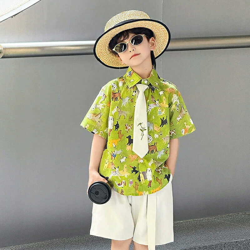 キッズ シャツ セットアップ 男の子 半袖 サロペット グリーン 犬柄シャツ ショートパンツ 上下セット おしゃれ かっこいい かわいい 旅行 プレゼント 撮影