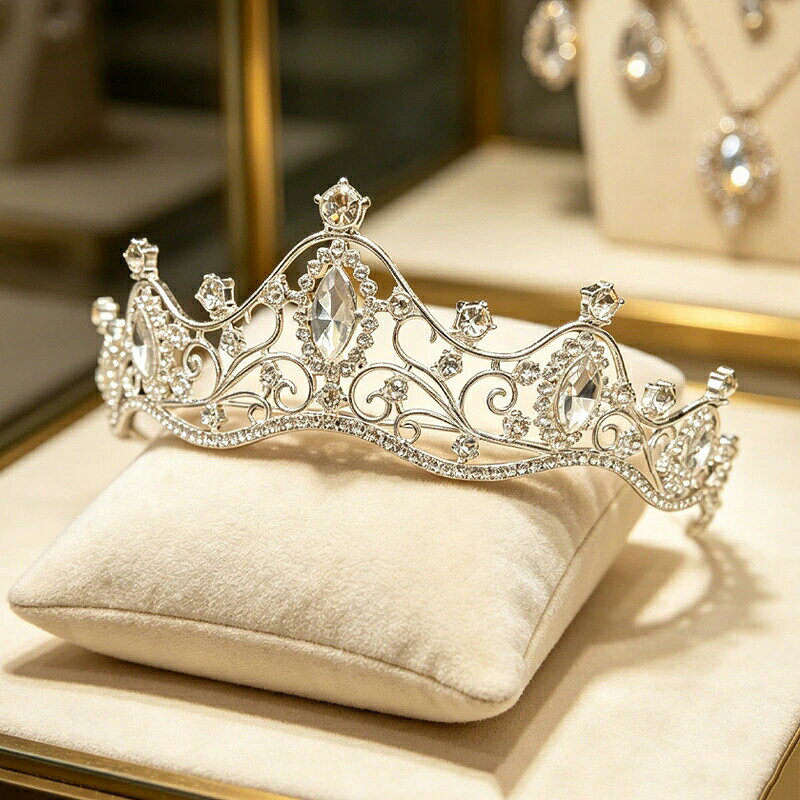 Rizumu楽天市場店のウェディングクラウン ブライダルティアラ 人工クリスタル 合金製 結婚式用ヘッドドレス 前撮り 挙式 披露宴 花嫁 ヘアアクセサリー ホワイトダイヤ 撮影映え 結婚式 誕生日 発表会 ステージ パーティー 撮影用ヘッドアクセサリー お姫様風｜アングル3