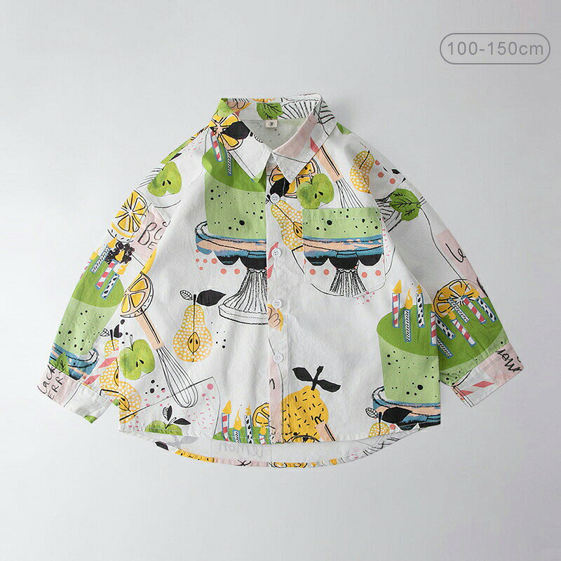 子供服 長袖シャツ キッズ 長袖 シャツ 綿100％ カジュアルシャツ 男の子 女の子 ガール ボーイ 子ども服 子供ウェア 春秋服 胸ポケット 100cm 110cm 120cm 130cm 140cm 150cm プリント 緑リンゴ ケーキ 梨柄