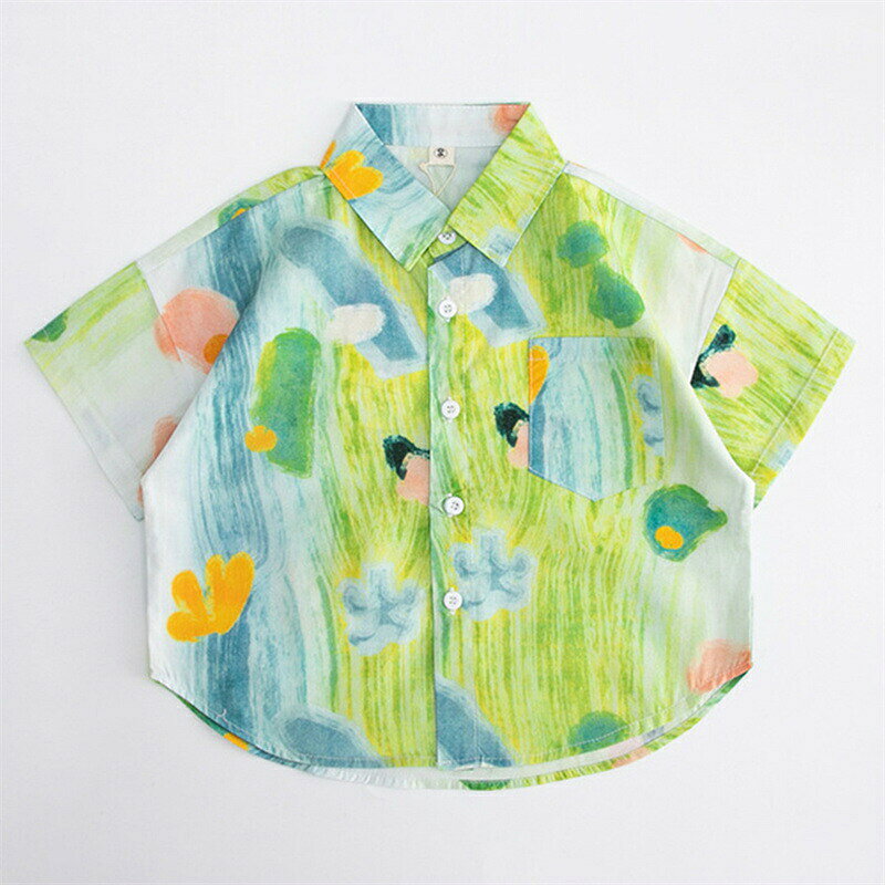 子供服 半袖シャツ キッズ 花柄シャツ アロハシャツ 綿100％ 胸ポケット 男の子 女の子 ガール ボーイ 子ども服 子供ウェア 夏服 花柄 グリーン 90cm 100cm 110cm 120cm 130cm 140cm 150cm