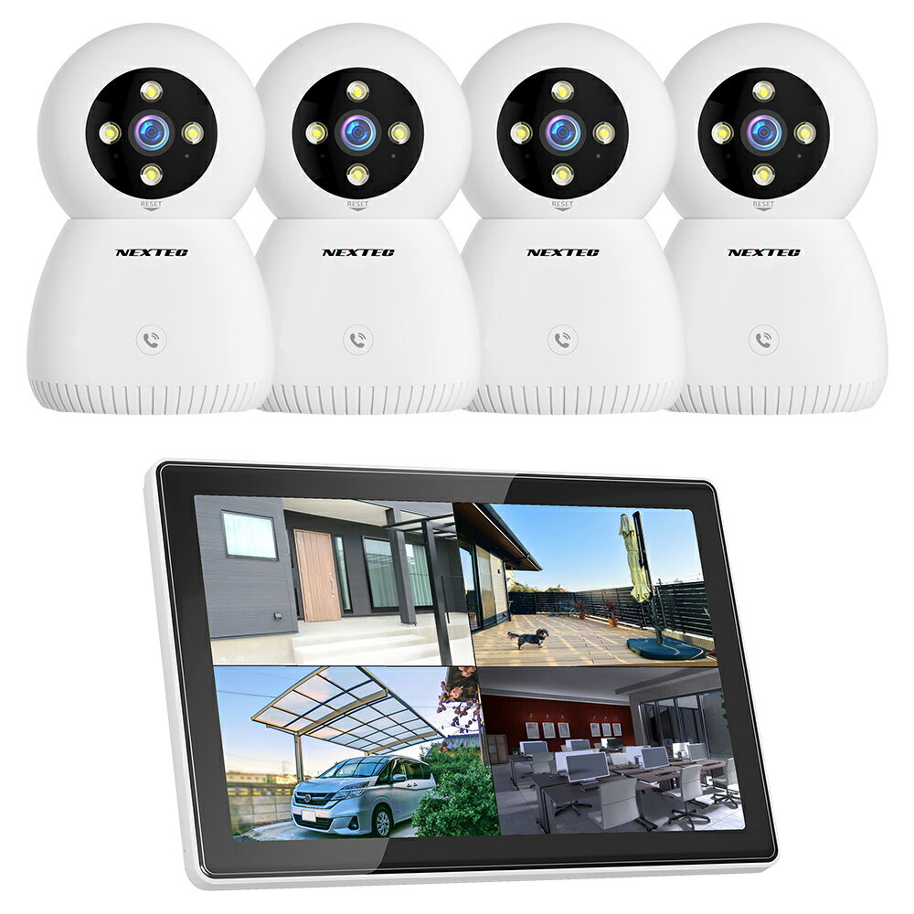 IP防犯カメラ4台 + 10インチモニター搭載レコーダー(最大10台接続可能・1TB HDD内蔵)が同梱されたセットです。 ■500万画素の高画質 500万画素の高精細映像。自動補正等によりいつでも見やすさを保ちます。 ■気になる動きを通知 PIRセンサーによって、動体を検知すると録画開始・リアルタイムにアラートを発信。スマホに通知が届きます。 ■アプリでどこでもチェック iPhoneやAndroidスマホ対応のアプリ・[ ESeecloud ] で、どこでもカメラ映像の監視・録画・設定が可能。複数のカメラを管理したり家族で情報共有も可能。 ■PTZ機能で死角なし アプリから自由にカメラの方向を変え、広い視野で防犯チェックをすることができます。 ■自動追尾機能 PIRセンサーが動きを検知すると、カメラが自動で追跡します。 ■双方向会話可能 現在カメラに映っている人に話しかけたり会話ができます。 ■夜間もあんしん 赤外線(照射距離：5m)の白黒映像から、LEDライト照射によるカラー映像にも切替え可能。 ■中継器に対応 レコーダーとカメラ設置位置との中間地点に中継器 [ NX-R01 ] を設置してWi-Fi電波の有効距離を伸ばせます。 ＊こちらは耐水設計ではありませんので主に屋内でご使用ください。 ・技適マーク取得済み商品 ■ カメラ仕様 電源 5V 1A 動体検知 　〇 ソーラーパネル 　─ バッテリー容量 　─ 記録媒体 microSDHCカード(最大32GBまでを推奨) イメージセンサー 1/29”CMOS センサー 画素数 500万画素 解像度 2880 x 1620 レンズ 3.6mm レンズ画角 対角：88度 / 水平：75度 / 垂直：40度 F値 F=2.0 焦点距離 3.6mm デイ＆ナイト機能 赤外線(照射距離：5m) + カラー(LEDライト) フレームレート 15fps 最低被写体照度 カラー: 0.1 Lux / 白黒: 0.01 Lux フリッカー機能 50HZ / 60HZ 音声 録音・双方向会話可能 ネットワーク Wi-Fiの [ 2.4GHz ] 帯にのみ対応 対応アプリ ESeecloud [ iOS / Android ] 動作温度 -10°〜 +60° 外形寸法 奥行約80mm × 高さ約123mm × 横幅約80mm(突起部分含まず) 質量約186g 付属品 カメラ本体×1、ACアダプター×1、USBコード(約1.5m)×1 本体取付ブラケット×1、取付ネジ(1式)、簡易取扱説明書×1 ※microSDHCカードは付属しておりません (安定した録画の為に最大32GBまでを推奨します)。 ※製品の仕様は改良のため予告なしに変更することがあります。 ＊このカメラ製品の技適番号は「219-259520」です。 Wi-Fiなど、電波を使用する商品は総務省の厳しい技術基準適合審査を合格する必要がございます。 近年は、そうした過程を省いたり「技適マーク」を捏造したりする商品がございますのでご注意下さい。 技適審査を受けていない商品を使用すると、日本の電波法に違反し罪に問われる場合があります。 国内メーカー、エフ・アール・シーの防犯機器は日本の技術者の監修のもと、審査を通った「総務省技術基準適合品」です。 安心してご使用いただけます。 ■ 10インチモニター搭載・IPカメラを最大10台接続可能なネットワークデジタルレコーダー ■ 余裕のある1TBの容量のハードディスクを内蔵しているので安心です。 ■ Wi-Fiの [ 2.4GHz / 5GHz ] 帯に対応。 iPhoneやAndroidスマホ対応のアプリ・[ ESeecloud ] で、どこでもカメラ映像の監視・再生が可能。 IPカメラが動体を検知すると録画が開始されてアラートを発信、外出先でもスマホに通知が届きます。 ■ 双方向会話可能：本体にマイクとスピーカーが搭載されているので、現在カメラが映している人に話しかけたり会話したりすることができます。 ■ 外形寸法： 長さ約250mm × 高さ約168mm × 厚さ約26mm (突起部分含まず) ■ 質量：約640g ■ レコーダー仕様 電源 12V 3A 消費電力 0.9W 内蔵HDD 1TB（SATA） モニター 10インチ 最大接続台数 10台 録画モード 常時録画、イベント録画（動体検知） 解像度 800万 対応ストレージ microSDカード、HDD バックアップ USB 再生速度 最大8倍速 入力/出力 HDMI端子 / USB端子 / LAN端子 モニター出力 HDMI HDMI出力解像度 1280x1024, 1440x900, 1080P, 4K@30Hz 映像入力 10チャンネル 8MP 同時再生 4K:4チャンネル@3MP / 2チャンネル@5MP / 1チャンネル@8MP 音声 録音 / 双方向会話可能 ネットワーク RJ45 10M/100M ｜ WiFi: 2.4G/5G 対応アプリ ESeecloud [ iOS / Android ] 動作温度 / 湿度 -10°〜 +60°/ 40% 〜 60% 外形寸法 長さ約250mm × 高さ約168mm × 厚さ約26mm (突起部分含まず) 質量約640g 付属品 本体×1、ACアダプター×1、壁面取り付け用ビス(一式)HDMIケーブル×1、ネットワークケーブル×1、マウス×1 アタリ取り用シール×1、簡易取扱説明書×1 ※microSDHCカードは付属しておりません (安定した録画の為に最大32GBまでを推奨します)。 ※製品の仕様は改良のため予告なしに変更することがあります。 ＊このレコーダー製品の技適番号は「219-259223」です。 Wi-Fiなど、電波を使用する商品は総務省の厳しい技術基準適合審査を合格する必要がございます。 近年は、そうした過程を省いたり「技適マーク」を捏造したりする商品がございますのでご注意下さい。 技適審査を受けていない商品を使用すると、日本の電波法に違反し罪に問われる場合があります。 国内メーカー、エフ・アール・シーの防犯機器は日本の技術者の監修のもと、審査を通った「総務省技術基準適合品」です。 安心してご使用いただけます。 対応アプリ [ EseeCloud ] について ＊ログイン後、アプリから課金を勧める表示が出ることがございますが、基本的に無料でご利用いただけるアプリですのでご注意ください。 エフ・アール・シー製のカメラ・レコーダー等の製品はEseeCloudアプリに対応しておりますが、EseeCloudアプリは汎用的なIPカメラ管理アプリであり、弊社とは異なる会社が開発・提供するアプリケーションとなります。 そのため、一般的なソフトウェアを利用する際に発生するのと同じように、各ユーザーとアプリ供給元の会社間で利用規約の確認やユーザー契約事項の確認があります。 本アプリ内で発生するクラウドサービスなどの有償サービスに関しては、各ユーザーとアプリ供給元の会社間での契約になり、これらの各有償サービスは弊社のサービス対象外となります。 問合せ・保証（アプリの問題や課金による損害）などの対象範囲外となります。アプリ供給元がアプリの仕様や機能について告知なく変更する場合もございますのでご了承ください。 カメラを弊社のデジタルレコーダーと接続してご利用される方は、デジタルレコーダーの取扱説明書をご覧ください。 アプリ [ EseeCloud ] のダウンロード アンドロイドの場合は Google Playストア、iPhone / iPADの場合は Appstore から、EseeCloud と検索してアプリケーションをご利用中の携帯端末へダウンロードします。 初めてアプリをご利用になる場合 ご利用中の携帯端末で本アプリを初めて起動する際、許可や通知を求めるメッセージが表示される場合があります。その場合、表示された許可や通知に対しては、全て「許可」と設定してください。許可をせずに進めると、アプリの機能に制限が発生し、本アプリ利用中の操作や運用に影響を与える可能性があります。設定が完了し、運用を開始した後に、許可した機能に制限をかけたい場合は、各設定より変更してください。 ユーザー登録とログイン 本アプリではメールアドレスの他に、Apple ID 、Google アカウント、LINE ID 、電話番号、いずれかでのユーザー登録が可能です。 以降の登録・操作方法については取扱説明書をご覧ください。