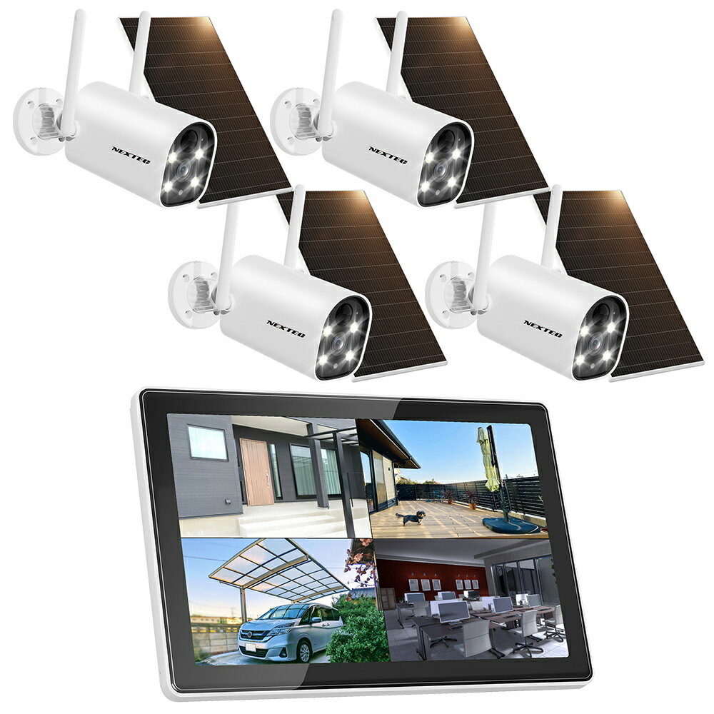 IP防犯カメラ4台 + 10インチモニター搭載レコーダー(最大10台接続可能・1TB HDD内蔵)が同梱されたセットです。 ■400万画素の高解像度 細部まで確認可能な400万画素の高精細映像。自動逆光補正等によりいつでも見やすさを保ちます。 ■ソーラーパネル搭載 太陽光パネルによる充電と、本体内蔵のバッテリー [ 容量：5200mAh ] により、ほぼ給電の心配のない低電力消費運用が可能です。 ■あやしい人影を通知 PIRセンサーによって、動体を検知すると録画開始・リアルタイムにアラートを発信。外出先でもスマホに通知が届きます。 ■アプリでどこでもチェック iPhoneやAndroidスマホ対応のアプリ・[ ESeecloud ] で、どこでもカメラ映像の監視・録画・設定が可能。複数のカメラを管理したり家族で情報共有したりできます。 ■双方向会話可能 本体にマイクとスピーカーが搭載されているので、現在カメラに映っている人に話しかけたり会話したりすることができます。 ■夜間もあんしん 照射距離：10mの赤外線により、夜間も安心。白黒の赤外線映像から、LEDライト照射によるカラー映像に切り替えることもできます。 ■防塵防水：IP66 IP66の耐候性を備えているので、屋内外問わず設置が可能です。 ・技適マーク取得済み商品 ■ カメラ仕様 電源 5V 1A 動体検知 　〇 ソーラーパネル 付属（1.6W） バッテリー容量 5200mAh 記録媒体 microSDHCカード(最大32GBまでを推奨) イメージセンサー 1/3”CMOS センサー 画素数 400万画素 解像度 2560 x 1440 レンズ 3.6mm レンズ画角 対角：99度 / 水平：83度 / 垂直：44度 F値 F=2.0 焦点距離 3.6mm デイ＆ナイト機能 赤外線(照射距離：10m) + カラー(LEDライト) フレームレート 15fps 最低被写体照度 カラー: 0.1 Lux / 白黒: 0.01 Lux フリッカー機能 　─ 音声 録音・双方向会話可能 ネットワーク Wi-Fiの [ 2.4GHz / 5GHz ] 帯に対応 対応アプリ ESeecloud [ iOS / Android ] 動作温度 -10°〜 +60° 外形寸法 本体：長さ約120mm × 高さ約72mm × 横幅約55mm ソーラーパネル：長さ約140mm × 横幅約85mm 質量本体：約261gソーラーパネル(コード含む)：約117g 付属品 カメラ本体×1、カメラ用ブラケット×1ソーラーパネル×1、 ソーラーパネル用ブラケット×1 USBケーブル×1、取付けネジ(1式)、簡易取扱説明書×1 ※microSDHCカードは付属しておりません (安定した録画の為に最大32GBまでを推奨します)。 ※製品の仕様は改良のため予告なしに変更することがあります。 ＊このカメラ製品の技適番号は「219-259520」です。 Wi-Fiなど、電波を使用する商品は総務省の厳しい技術基準適合審査を合格する必要がございます。 近年は、そうした過程を省いたり「技適マーク」を捏造したりする商品がございますのでご注意下さい。 技適審査を受けていない商品を使用すると、日本の電波法に違反し罪に問われる場合があります。 国内メーカー、エフ・アール・シーの防犯機器は日本の技術者の監修のもと、審査を通った「総務省技術基準適合品」です。 安心してご使用いただけます。 ■ 10インチモニター搭載・IPカメラを最大10台接続可能なネットワークデジタルレコーダー ■ 余裕のある1TBの容量のハードディスクを内蔵しているので安心です。 ■ Wi-Fiの [ 2.4GHz / 5GHz ] 帯に対応。 iPhoneやAndroidスマホ対応のアプリ・[ ESeecloud ] で、どこでもカメラ映像の監視・再生が可能。 IPカメラが動体を検知すると録画が開始されてアラートを発信、外出先でもスマホに通知が届きます。 ■ 双方向会話可能：本体にマイクとスピーカーが搭載されているので、現在カメラが映している人に話しかけたり会話したりすることができます。 ■ 外形寸法： 長さ約250mm × 高さ約168mm × 厚さ約26mm (突起部分含まず) ■ 質量：約640g ■ レコーダー仕様 電源 12V 3A 消費電力 0.9W 内蔵HDD 1TB（SATA） モニター 10インチ 最大接続台数 10台 録画モード 常時録画、イベント録画（動体検知） 解像度 800万 対応ストレージ microSDカード、HDD バックアップ USB 再生速度 最大8倍速 入力/出力 HDMI端子 / USB端子 / LAN端子 モニター出力 HDMI HDMI出力解像度 1280x1024, 1440x900, 1080P, 4K@30Hz 映像入力 10チャンネル 8MP 同時再生 4K:4チャンネル@3MP / 2チャンネル@5MP / 1チャンネル@8MP 音声 録音 / 双方向会話可能 ネットワーク RJ45 10M/100M ｜ WiFi: 2.4G/5G 対応アプリ ESeecloud [ iOS / Android ] 動作温度 / 湿度 -10°〜 +60°/ 40% 〜 60% 外形寸法 長さ約250mm × 高さ約168mm × 厚さ約26mm (突起部分含まず) 質量約640g 付属品 本体×1、ACアダプター×1、壁面取り付け用ビス(一式)HDMIケーブル×1、ネットワークケーブル×1、マウス×1 アタリ取り用シール×1、簡易取扱説明書×1 ※microSDHCカードは付属しておりません (安定した録画の為に最大32GBまでを推奨します)。 ※製品の仕様は改良のため予告なしに変更することがあります。 ＊このレコーダー製品の技適番号は「219-259223」です。 Wi-Fiなど、電波を使用する商品は総務省の厳しい技術基準適合審査を合格する必要がございます。 近年は、そうした過程を省いたり「技適マーク」を捏造したりする商品がございますのでご注意下さい。 技適審査を受けていない商品を使用すると、日本の電波法に違反し罪に問われる場合があります。 国内メーカー、エフ・アール・シーの防犯機器は日本の技術者の監修のもと、審査を通った「総務省技術基準適合品」です。 安心してご使用いただけます。 対応アプリ [ EseeCloud ] について ＊ログイン後、アプリから課金を勧める表示が出ることがございますが、基本的に無料でご利用いただけるアプリですのでご注意ください。 エフ・アール・シー製のカメラ・レコーダー等の製品はEseeCloudアプリに対応しておりますが、EseeCloudアプリは汎用的なIPカメラ管理アプリであり、弊社とは異なる会社が開発・提供するアプリケーションとなります。 そのため、一般的なソフトウェアを利用する際に発生するのと同じように、各ユーザーとアプリ供給元の会社間で利用規約の確認やユーザー契約事項の確認があります。 本アプリ内で発生するクラウドサービスなどの有償サービスに関しては、各ユーザーとアプリ供給元の会社間での契約になり、これらの各有償サービスは弊社のサービス対象外となります。 問合せ・保証（アプリの問題や課金による損害）などの対象範囲外となります。アプリ供給元がアプリの仕様や機能について告知なく変更する場合もございますのでご了承ください。 カメラを弊社のデジタルレコーダーと接続してご利用される方は、デジタルレコーダーの取扱説明書をご覧ください。 アプリ [ EseeCloud ] のダウンロード アンドロイドの場合は Google Playストア、iPhone / iPADの場合は Appstore から、EseeCloud と検索してアプリケーションをご利用中の携帯端末へダウンロードします。 初めてアプリをご利用になる場合 ご利用中の携帯端末で本アプリを初めて起動する際、許可や通知を求めるメッセージが表示される場合があります。その場合、表示された許可や通知に対しては、全て「許可」と設定してください。許可をせずに進めると、アプリの機能に制限が発生し、本アプリ利用中の操作や運用に影響を与える可能性があります。設定が完了し、運用を開始した後に、許可した機能に制限をかけたい場合は、各設定より変更してください。 ユーザー登録とログイン 本アプリではメールアドレスの他に、Apple ID 、Google アカウント、LINE ID 、電話番号、いずれかでのユーザー登録が可能です。 以降の登録・操作方法については取扱説明書をご覧ください。