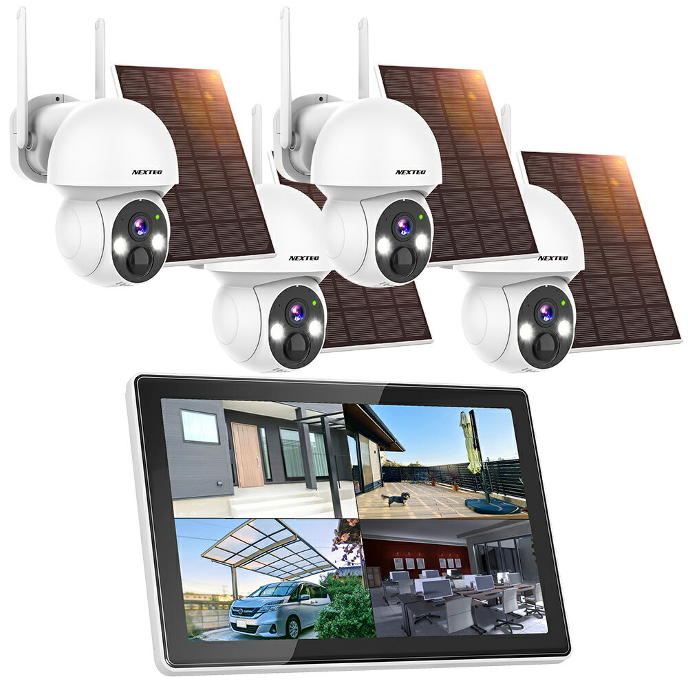 IP防犯カメラ4台 + 10インチモニター搭載レコーダー(最大10台接続可能・1TB HDD内蔵)が同梱されたセットです。 ■400万画素の高解像度 細部まで確認可能な400万画素の高精細映像。自動逆光補正等によりいつでも見やすさを保ちます。 ■ソーラーパネル搭載 太陽光パネルによる充電と、本体内蔵のバッテリー [ 容量：5200mAh ] により、ほぼ給電の心配のない低電力消費運用が可能です。 ■PTZ機能で死角なし カメラを上下左右にパン/チルト。スマホアプリで操作して、気になる方向をチェック可能。 ■あやしい人影を通知 PIRセンサーによって、動体を検知すると録画開始・リアルタイムにアラートを発信。外出先でもスマホに通知が届きます。 ■アプリでどこでもチェック iPhoneやAndroidスマホ対応のアプリ・[ ESeecloud ] で、どこでもカメラ映像の監視・録画・設定が可能。複数のカメラを管理したり家族で情報共有したりできます。 ■双方向会話可能 本体にマイクとスピーカーが搭載されているので、現在カメラに映っている人に話しかけたり会話したりすることができます。 ■夜間もあんしん 照射距離：10mの赤外線により、夜間も安心。白黒の赤外線映像から、LEDライト照射によるカラー映像に切り替えることもできます。 ■防塵防水：IP66 IP66の耐候性を備えているので、屋内外問わず設置が可能です。 ・技適マーク取得済み商品 ■ カメラ仕様 電源 5V 1A 動体検知 　〇 ソーラーパネル 付属（3W） バッテリー容量 5200mAh 記録媒体 microSDHCカード(最大32GBまでを推奨) イメージセンサー 1/3”CMOS センサー 画素数 400万画素 解像度 2560 x 1440 レンズ 3.6mm レンズ画角 対角：117度 / 水平：100度 / 垂直：54度 F値 F=2.2 焦点距離 3.6mm デイ＆ナイト機能 赤外線(照射距離：10m) + カラー(LEDライト) フレームレート 15fps 最低被写体照度 カラー: 0.1 Lux / 白黒: 0.01 Lux フリッカー機能 　─ 音声 録音・双方向会話可能 ネットワーク Wi-Fiの [ 2.4GHz / 5GHz ] 帯に対応 対応アプリ ESeecloud [ iOS / Android ] 動作温度 -10°〜 +60° 外形寸法 本体：奥行約130mm × 高さ約127mm × 横幅約80mm ソーラーパネル：長さ約175mm × 横幅約120mm 質量本体：約436gソーラーパネル(コード含む)：約186g 付属品 カメラ本体×1、カメラ用ブラケット×1、ソーラーパネル×1 ソーラーパネル用ブラケット×1、 USBケーブル×1 ネジ(1式)、簡易取扱説明書×1 ※microSDHCカードは付属しておりません (安定した録画の為に最大32GBまでを推奨します)。 ※製品の仕様は改良のため予告なしに変更することがあります。 ＊このカメラ製品の技適番号は「219-259520」です。 Wi-Fiなど、電波を使用する商品は総務省の厳しい技術基準適合審査を合格する必要がございます。 近年は、そうした過程を省いたり「技適マーク」を捏造したりする商品がございますのでご注意下さい。 技適審査を受けていない商品を使用すると、日本の電波法に違反し罪に問われる場合があります。 国内メーカー、エフ・アール・シーの防犯機器は日本の技術者の監修のもと、審査を通った「総務省技術基準適合品」です。 安心してご使用いただけます。 ■ 10インチモニター搭載・IPカメラを最大10台接続可能なネットワークデジタルレコーダー ■ 余裕のある1TBの容量のハードディスクを内蔵しているので安心です。 ■ Wi-Fiの [ 2.4GHz / 5GHz ] 帯に対応。 iPhoneやAndroidスマホ対応のアプリ・[ ESeecloud ] で、どこでもカメラ映像の監視・再生が可能。 IPカメラが動体を検知すると録画が開始されてアラートを発信、外出先でもスマホに通知が届きます。 ■ 双方向会話可能：本体にマイクとスピーカーが搭載されているので、現在カメラが映している人に話しかけたり会話したりすることができます。 ■ 外形寸法： 長さ約250mm × 高さ約168mm × 厚さ約26mm (突起部分含まず) ■ 質量：約640g ■ レコーダー仕様 電源 12V 3A 消費電力 0.9W 内蔵HDD 1TB（SATA） モニター 10インチ 最大接続台数 10台 録画モード 常時録画、イベント録画（動体検知） 解像度 800万 対応ストレージ microSDカード、HDD バックアップ USB 再生速度 最大8倍速 入力/出力 HDMI端子 / USB端子 / LAN端子 モニター出力 HDMI HDMI出力解像度 1280x1024, 1440x900, 1080P, 4K@30Hz 映像入力 10チャンネル 8MP 同時再生 4K:4チャンネル@3MP / 2チャンネル@5MP / 1チャンネル@8MP 音声 録音 / 双方向会話可能 ネットワーク RJ45 10M/100M ｜ WiFi: 2.4G/5G 対応アプリ ESeecloud [ iOS / Android ] 動作温度 / 湿度 -10°〜 +60°/ 40% 〜 60% 外形寸法 長さ約250mm × 高さ約168mm × 厚さ約26mm (突起部分含まず) 質量約640g 付属品 本体×1、ACアダプター×1、壁面取り付け用ビス(一式)HDMIケーブル×1、ネットワークケーブル×1、マウス×1 アタリ取り用シール×1、簡易取扱説明書×1 ※microSDHCカードは付属しておりません (安定した録画の為に最大32GBまでを推奨します)。 ※製品の仕様は改良のため予告なしに変更することがあります。 ＊このレコーダー製品の技適番号は「219-259223」です。 Wi-Fiなど、電波を使用する商品は総務省の厳しい技術基準適合審査を合格する必要がございます。 近年は、そうした過程を省いたり「技適マーク」を捏造したりする商品がございますのでご注意下さい。 技適審査を受けていない商品を使用すると、日本の電波法に違反し罪に問われる場合があります。 国内メーカー、エフ・アール・シーの防犯機器は日本の技術者の監修のもと、審査を通った「総務省技術基準適合品」です。 安心してご使用いただけます。 対応アプリ [ EseeCloud ] について ＊ログイン後、アプリから課金を勧める表示が出ることがございますが、基本的に無料でご利用いただけるアプリですのでご注意ください。 エフ・アール・シー製のカメラ・レコーダー等の製品はEseeCloudアプリに対応しておりますが、EseeCloudアプリは汎用的なIPカメラ管理アプリであり、弊社とは異なる会社が開発・提供するアプリケーションとなります。 そのため、一般的なソフトウェアを利用する際に発生するのと同じように、各ユーザーとアプリ供給元の会社間で利用規約の確認やユーザー契約事項の確認があります。 本アプリ内で発生するクラウドサービスなどの有償サービスに関しては、各ユーザーとアプリ供給元の会社間での契約になり、これらの各有償サービスは弊社のサービス対象外となります。 問合せ・保証（アプリの問題や課金による損害）などの対象範囲外となります。アプリ供給元がアプリの仕様や機能について告知なく変更する場合もございますのでご了承ください。 カメラを弊社のデジタルレコーダーと接続してご利用される方は、デジタルレコーダーの取扱説明書をご覧ください。 アプリ [ EseeCloud ] のダウンロード アンドロイドの場合は Google Playストア、iPhone / iPADの場合は Appstore から、EseeCloud と検索してアプリケーションをご利用中の携帯端末へダウンロードします。 初めてアプリをご利用になる場合 ご利用中の携帯端末で本アプリを初めて起動する際、許可や通知を求めるメッセージが表示される場合があります。その場合、表示された許可や通知に対しては、全て「許可」と設定してください。許可をせずに進めると、アプリの機能に制限が発生し、本アプリ利用中の操作や運用に影響を与える可能性があります。設定が完了し、運用を開始した後に、許可した機能に制限をかけたい場合は、各設定より変更してください。 ユーザー登録とログイン 本アプリではメールアドレスの他に、Apple ID 、Google アカウント、LINE ID 、電話番号、いずれかでのユーザー登録が可能です。 以降の登録・操作方法については取扱説明書をご覧ください。