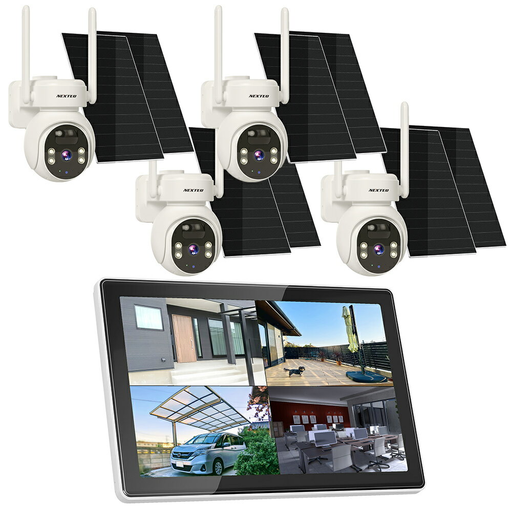 IP防犯カメラ4台 + 10インチモニター搭載レコーダー(最大10台接続可能・1TB HDD内蔵)が同梱されたセットです。 ■400万画素の高解像度 細部まで確認可能な400万画素の高精細映像。自動逆光補正等によりいつでも見やすさを保ちます。 ■ダブルソーラーパネル搭載 2枚の太陽光パネルによる充電と、本体内蔵のバッテリー [ 容量：12000mAh ] により、ほぼ給電の心配のない低電力消費運用が可能です。 ■PTZ機能で死角なし カメラを上下左右にパン/チルト。スマホアプリで操作して、気になる方向をチェック可能。 ■あやしい人影を通知 PIRセンサーによって、動体を検知すると録画開始・リアルタイムにアラートを発信。外出先でもスマホに通知が届きます。 ■アプリでどこでもチェック iPhoneやAndroidスマホ対応のアプリ・[ ESeecloud ] で、どこでもカメラ映像の監視・録画・設定が可能。複数のカメラを管理したり家族で情報共有したりできます。 ■双方向会話可能 本体にマイクとスピーカーが搭載されているので、現在カメラに映っている人に話しかけたり会話したりすることができます。 ■夜間もあんしん 照射距離：10mの赤外線により、夜間も安心。白黒の赤外線映像から、LEDライト照射によるカラー映像に切り替えることもできます。 ■防塵防水：IP66 IP66の耐候性を備えているので、屋内外問わず設置が可能です。 ・技適マーク取得済み商品 ■ カメラ仕様 電源 5V 1A 動体検知 　〇 ソーラーパネル 2枚付属（16W） バッテリー容量 12000mAh 記録媒体 microSDHCカード(最大32GBまでを推奨) イメージセンサー 1/3”CMOS センサー 画素数 400万画素 解像度 2880 x 1620 レンズ 3.6mm レンズ画角 対角：88度 / 水平：75度 / 垂直：40度 F値 F=2.0 焦点距離 3.6mm デイ＆ナイト機能 赤外線(照射距離：15m) + カラー(LEDライト) フレームレート 15fps 最低被写体照度 カラー: 0.1 Lux / 白黒: 0.01 Lux フリッカー機能 　─ 音声 録音・双方向会話可能 ネットワーク Wi-Fiの [ 2.4GHz / 5GHz ] 帯に対応 対応アプリ ESeecloud [ iOS / Android ] 動作温度 -10°〜 +60° 外形寸法 本体：奥行約145mm × 高さ約147mm × 横幅約100mm ソーラーパネル：長さ約240mm × 横幅約175mm 質量約691gソーラーパネル(1枚/コード含む)：約296g 付属品 カメラ本体×1、カメラ用ブラケット×1、ソーラーパネル×2 ソーラーパネル用ブラケット(+取付ネジ一式)×2 USBケーブル×1、ソーラーパネル用USBケーブル(Y字タイプ)×1 取付ネジ(1式)、アタリ取り用紙(1式)、簡易取扱説明書×1 ※microSDHCカードは付属しておりません (安定した録画の為に最大32GBまでを推奨します)。 ※製品の仕様は改良のため予告なしに変更することがあります。 ＊このカメラ製品の技適番号は「219-259520」です。 Wi-Fiなど、電波を使用する商品は総務省の厳しい技術基準適合審査を合格する必要がございます。 近年は、そうした過程を省いたり「技適マーク」を捏造したりする商品がございますのでご注意下さい。 技適審査を受けていない商品を使用すると、日本の電波法に違反し罪に問われる場合があります。 国内メーカー、エフ・アール・シーの防犯機器は日本の技術者の監修のもと、審査を通った「総務省技術基準適合品」です。 安心してご使用いただけます。 ■ 10インチモニター搭載・IPカメラを最大10台接続可能なネットワークデジタルレコーダー ■ 余裕のある1TBの容量のハードディスクを内蔵しているので安心です。 ■ Wi-Fiの [ 2.4GHz / 5GHz ] 帯に対応。 iPhoneやAndroidスマホ対応のアプリ・[ ESeecloud ] で、どこでもカメラ映像の監視・再生が可能。 IPカメラが動体を検知すると録画が開始されてアラートを発信、外出先でもスマホに通知が届きます。 ■ 双方向会話可能：本体にマイクとスピーカーが搭載されているので、現在カメラが映している人に話しかけたり会話したりすることができます。 ■ 外形寸法： 長さ約250mm × 高さ約168mm × 厚さ約26mm (突起部分含まず) ■ 質量：約640g ■ レコーダー仕様 電源 12V 3A 消費電力 0.9W 内蔵HDD 1TB（SATA） モニター 10インチ 最大接続台数 10台 録画モード 常時録画、イベント録画（動体検知） 解像度 800万 対応ストレージ microSDカード、HDD バックアップ USB 再生速度 最大8倍速 入力/出力 HDMI端子 / USB端子 / LAN端子 モニター出力 HDMI HDMI出力解像度 1280x1024, 1440x900, 1080P, 4K@30Hz 映像入力 10チャンネル 8MP 同時再生 4K:4チャンネル@3MP / 2チャンネル@5MP / 1チャンネル@8MP 音声 録音 / 双方向会話可能 ネットワーク RJ45 10M/100M ｜ WiFi: 2.4G/5G 対応アプリ ESeecloud [ iOS / Android ] 動作温度 / 湿度 -10°〜 +60°/ 40% 〜 60% 外形寸法 長さ約250mm × 高さ約168mm × 厚さ約26mm (突起部分含まず) 質量約640g 付属品 本体×1、ACアダプター×1、壁面取り付け用ビス(一式)HDMIケーブル×1、ネットワークケーブル×1、マウス×1 アタリ取り用シール×1、簡易取扱説明書×1 ※microSDHCカードは付属しておりません (安定した録画の為に最大32GBまでを推奨します)。 ※製品の仕様は改良のため予告なしに変更することがあります。 ＊このレコーダー製品の技適番号は「219-259223」です。 Wi-Fiなど、電波を使用する商品は総務省の厳しい技術基準適合審査を合格する必要がございます。 近年は、そうした過程を省いたり「技適マーク」を捏造したりする商品がございますのでご注意下さい。 技適審査を受けていない商品を使用すると、日本の電波法に違反し罪に問われる場合があります。 国内メーカー、エフ・アール・シーの防犯機器は日本の技術者の監修のもと、審査を通った「総務省技術基準適合品」です。 安心してご使用いただけます。 対応アプリ [ EseeCloud ] について ＊ログイン後、アプリから課金を勧める表示が出ることがございますが、基本的に無料でご利用いただけるアプリですのでご注意ください。 エフ・アール・シー製のカメラ・レコーダー等の製品はEseeCloudアプリに対応しておりますが、EseeCloudアプリは汎用的なIPカメラ管理アプリであり、弊社とは異なる会社が開発・提供するアプリケーションとなります。 そのため、一般的なソフトウェアを利用する際に発生するのと同じように、各ユーザーとアプリ供給元の会社間で利用規約の確認やユーザー契約事項の確認があります。 本アプリ内で発生するクラウドサービスなどの有償サービスに関しては、各ユーザーとアプリ供給元の会社間での契約になり、これらの各有償サービスは弊社のサービス対象外となります。 問合せ・保証（アプリの問題や課金による損害）などの対象範囲外となります。アプリ供給元がアプリの仕様や機能について告知なく変更する場合もございますのでご了承ください。 カメラを弊社のデジタルレコーダーと接続してご利用される方は、デジタルレコーダーの取扱説明書をご覧ください。 アプリ [ EseeCloud ] のダウンロード アンドロイドの場合は Google Playストア、iPhone / iPADの場合は Appstore から、EseeCloud と検索してアプリケーションをご利用中の携帯端末へダウンロードします。 初めてアプリをご利用になる場合 ご利用中の携帯端末で本アプリを初めて起動する際、許可や通知を求めるメッセージが表示される場合があります。その場合、表示された許可や通知に対しては、全て「許可」と設定してください。許可をせずに進めると、アプリの機能に制限が発生し、本アプリ利用中の操作や運用に影響を与える可能性があります。設定が完了し、運用を開始した後に、許可した機能に制限をかけたい場合は、各設定より変更してください。 ユーザー登録とログイン 本アプリではメールアドレスの他に、Apple ID 、Google アカウント、LINE ID 、電話番号、いずれかでのユーザー登録が可能です。 以降の登録・操作方法については取扱説明書をご覧ください。