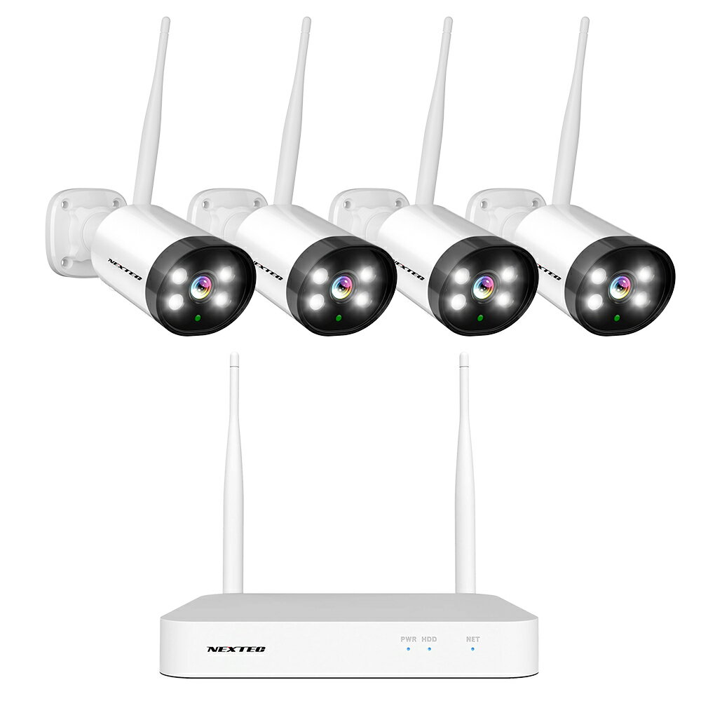 IP防犯カメラ4台 + 1TB HDD搭載レコーダー(最大10台接続可能)が同梱されたセットです。 ■300万画素の高解像度 細部まで確認可能な300万画素の高精細映像。自動補正等によりいつでも見やすさを保ちます。 ■あやしい人影を通知 PIRセンサーによって、動体を検知すると録画開始・リアルタイムにアラートを発信。外出先でもスマホに通知が届きます。 ■アプリでどこでもチェック iPhoneやAndroidスマホ対応のアプリ・[ ESeecloud ] で、どこでもカメラ映像の監視・録画・設定が可能。複数のカメラを管理したり家族で情報共有したりできます。 ■双方向会話可能 本体にマイクとスピーカーが搭載されているので、現在カメラに映っている人に話しかけたり会話したりすることができます。 ■夜間もあんしん 照射距離：15mの赤外線により、夜間も安心。白黒の赤外線映像から、LEDライト照射によるカラー映像に切り替えることもできます。 ■防塵防水：IP66 IP66の耐候性を備えているので、屋内外問わず設置が可能です。 ■中継器に対応 録画機とカメラ設置位置との中間地点に中継器 [ NX-R01 ] を設置してWi-Fi電波の有効距離を伸ばすことが可能です。 ・技適マーク取得済み商品 ■ カメラ仕様 電源 12V 1A 動体検知 　〇 ソーラーパネル 　─ バッテリー容量 　─ 記録媒体 microSDHCカード(最大32GBまでを推奨) イメージセンサー 1/2.9”CMOS センサー 画素数 300万画素 解像度 2304 x 1296 レンズ 3.6mm レンズ画角 対角：89度 / 水平：76度 / 垂直：42度 F値 F=2.0 焦点距離 3.6mm デイ＆ナイト機能 赤外線(照射距離：15m) + カラー(LEDライト) フレームレート 15fps 最低被写体照度 カラー: 0.1 Lux / 白黒: 0.01 Lux フリッカー機能 50Hz / 60Hz 音声 録音・双方向会話可能 ネットワーク Wi-Fiの [ 2.4GHz / 5GHz ] 帯に対応 対応アプリ ESeecloud [ iOS / Android ] 動作温度 -10°〜 +60° 外形寸法 長さ約175mm × 高さ約62mm × 横幅約70mm (突起部分含まず) アンテナ全長：172mm 質量約199g 付属品 カメラ本体(ブラケット一体型)×1、アンテナ×1 ACアダプター×1、取付けネジ(1式)、簡易取扱説明書×1 ※microSDHCカードは付属しておりません (安定した録画の為に最大32GBまでを推奨します)。 ※製品の仕様は改良のため予告なしに変更することがあります。 ＊このカメラ製品の技適番号は「219-259520」です。 Wi-Fiなど、電波を使用する商品は総務省の厳しい技術基準適合審査を合格する必要がございます。 近年は、そうした過程を省いたり「技適マーク」を捏造したりする商品がございますのでご注意下さい。 技適審査を受けていない商品を使用すると、日本の電波法に違反し罪に問われる場合があります。 国内メーカー、エフ・アール・シーの防犯機器は日本の技術者の監修のもと、審査を通った「総務省技術基準適合品」です。 安心してご使用いただけます。 ■IPカメラを最大10台接続可能なネットワークデジタルレコーダー ＊カメラの接続や設定の際は、別途HDMI対応のモニター(テレビ等でも可)への接続が必要となります。 ■余裕のある1TBの容量のハードディスクを内蔵しているので安心です。 ■Wi-Fiの [ 2.4GHz / 5GHz ] 帯に対応。 iPhoneやAndroidスマホ対応のアプリ・[ ESeecloud ] で、どこでもカメラ映像の監視・再生が可能。 IPカメラが動体を検知すると録画が開始されてアラートを発信、外出先でもスマホに通知が届きます。 ＊microSDHCカードは付属しておりません(安定した録画の為に最大32GBまでを推奨します) ■外形寸法：長さ約181mm × 高さ約26mm × 奥行約150mm (突起部分含まず) ■質量：約271g ■ レコーダー仕様 電源 12V 3A 消費電力 0.7W 内蔵HDD 1TB（SATA） モニター 10インチ 最大接続台数 10台 録画モード 常時録画、イベント録画（動体検知） 解像度 800万 対応ストレージ microSDカード、HDD バックアップ USB 再生速度 最大8倍速 入力/出力 HDMI端子 / USB端子 / LAN端子 モニター出力 HDMI HDMI出力解像度 1280x1024, 1440x900, 1080P, 4K@30Hz 映像入力 10チャンネル 8MP 同時再生 4K:4チャンネル@3MP / 2チャンネル@5MP / 1チャンネル@8MP 音声 サポート ネットワーク RJ45 10M/100M ｜ WiFi: 2.4G/5G 対応アプリ ESeecloud [ iOS / Android ] 動作温度 / 湿度 -10°〜 +60°/ 40% 〜 60% 外形寸法 長さ約181mm × 高さ約26mm × 奥行約150mm (突起部分含まず) 質量約271g 付属品 本体×1、ACアダプター×1、 HDMIケーブル×1ネットワークケーブル×1、 マウス×1、簡易取扱説明書×1 ※microSDHCカードは付属しておりません (安定した録画の為に最大32GBまでを推奨します)。 ※製品の仕様は改良のため予告なしに変更することがあります。 ＊このレコーダー製品の技適番号は「219-259223」です。 Wi-Fiなど、電波を使用する商品は総務省の厳しい技術基準適合審査を合格する必要がございます。 近年は、そうした過程を省いたり「技適マーク」を捏造したりする商品がございますのでご注意下さい。 技適審査を受けていない商品を使用すると、日本の電波法に違反し罪に問われる場合があります。 国内メーカー、エフ・アール・シーの防犯機器は日本の技術者の監修のもと、審査を通った「総務省技術基準適合品」です。 安心してご使用いただけます。 対応アプリ [ EseeCloud ] について ＊ログイン後、アプリから課金を勧める表示が出ることがございますが、基本的に無料でご利用いただけるアプリですのでご注意ください。 エフ・アール・シー製のカメラ・レコーダー等の製品はEseeCloudアプリに対応しておりますが、EseeCloudアプリは汎用的なIPカメラ管理アプリであり、弊社とは異なる会社が開発・提供するアプリケーションとなります。 そのため、一般的なソフトウェアを利用する際に発生するのと同じように、各ユーザーとアプリ供給元の会社間で利用規約の確認やユーザー契約事項の確認があります。 本アプリ内で発生するクラウドサービスなどの有償サービスに関しては、各ユーザーとアプリ供給元の会社間での契約になり、これらの各有償サービスは弊社のサービス対象外となります。 問合せ・保証（アプリの問題や課金による損害）などの対象範囲外となります。アプリ供給元がアプリの仕様や機能について告知なく変更する場合もございますのでご了承ください。 カメラを弊社のデジタルレコーダーと接続してご利用される方は、デジタルレコーダーの取扱説明書をご覧ください。 アプリ [ EseeCloud ] のダウンロード アンドロイドの場合は Google Playストア、iPhone / iPADの場合は Appstore から、EseeCloud と検索してアプリケーションをご利用中の携帯端末へダウンロードします。 初めてアプリをご利用になる場合 ご利用中の携帯端末で本アプリを初めて起動する際、許可や通知を求めるメッセージが表示される場合があります。その場合、表示された許可や通知に対しては、全て「許可」と設定してください。許可をせずに進めると、アプリの機能に制限が発生し、本アプリ利用中の操作や運用に影響を与える可能性があります。設定が完了し、運用を開始した後に、許可した機能に制限をかけたい場合は、各設定より変更してください。 ユーザー登録とログイン 本アプリではメールアドレスの他に、Apple ID 、Google アカウント、LINE ID 、電話番号、いずれかでのユーザー登録が可能です。 以降の登録・操作方法については取扱説明書をご覧ください。
