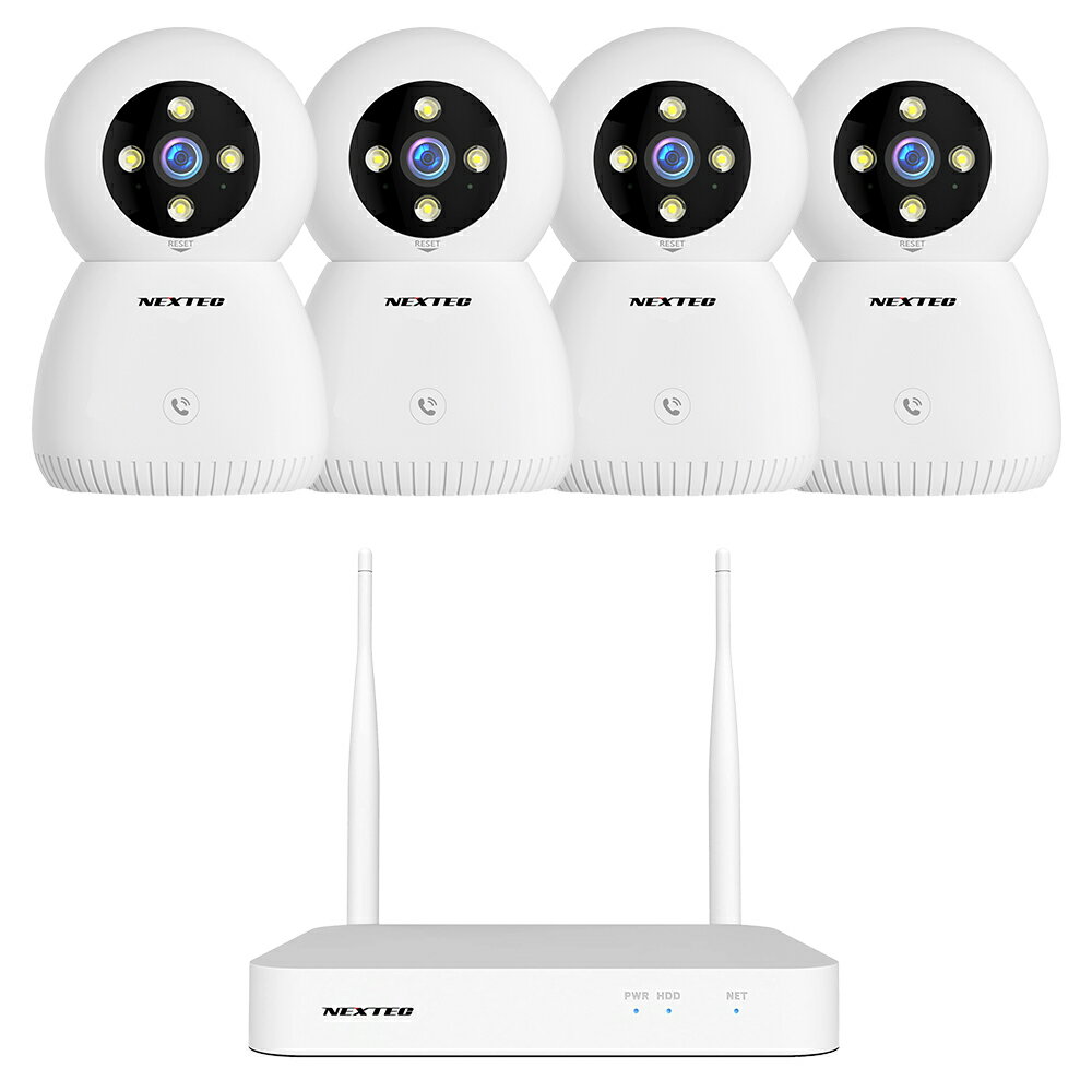 IP防犯カメラ4台 + 1TB HDD搭載レコーダー(最大10台接続可能)が同梱されたセットです。 ■500万画素の高画質 500万画素の高精細映像。自動補正等によりいつでも見やすさを保ちます。 ■気になる動きを通知 PIRセンサーによって、動体を検知すると録画開始・リアルタイムにアラートを発信。スマホに通知が届きます。 ■アプリでどこでもチェック iPhoneやAndroidスマホ対応のアプリ・[ ESeecloud ] で、どこでもカメラ映像の監視・録画・設定が可能。複数のカメラを管理したり家族で情報共有も可能。 ■PTZ機能で死角なし アプリから自由にカメラの方向を変え、広い視野で防犯チェックをすることができます。 ■自動追尾機能 PIRセンサーが動きを検知すると、カメラが自動で追跡します。 ■双方向会話可能 現在カメラに映っている人に話しかけたり会話ができます。 ■夜間もあんしん 赤外線(照射距離：5m)の白黒映像から、LEDライト照射によるカラー映像にも切替え可能。 ■中継器に対応 レコーダーとカメラ設置位置との中間地点に中継器 [ NX-R01 ] を設置してWi-Fi電波の有効距離を伸ばせます。 ＊こちらは耐水設計ではありませんので主に屋内でご使用ください。 ・技適マーク取得済み商品 ■ カメラ仕様 電源 5V 1A 動体検知 　〇 ソーラーパネル 　─ バッテリー容量 　─ 記録媒体 microSDHCカード(最大32GBまでを推奨) イメージセンサー 1/29”CMOS センサー 画素数 500万画素 解像度 2880 x 1620 レンズ 3.6mm レンズ画角 対角：88度 / 水平：75度 / 垂直：40度 F値 F=2.0 焦点距離 3.6mm デイ＆ナイト機能 赤外線(照射距離：5m) + カラー(LEDライト) フレームレート 15fps 最低被写体照度 カラー: 0.1 Lux / 白黒: 0.01 Lux フリッカー機能 50HZ / 60HZ 音声 録音・双方向会話可能 ネットワーク Wi-Fiの [ 2.4GHz ] 帯にのみ対応 対応アプリ ESeecloud [ iOS / Android ] 動作温度 -10°〜 +60° 外形寸法 奥行約80mm × 高さ約123mm × 横幅約80mm(突起部分含まず) 質量約186g 付属品 カメラ本体×1、ACアダプター×1、USBコード(約1.5m)×1 本体取付ブラケット×1、取付ネジ(1式)、簡易取扱説明書×1 ※microSDHCカードは付属しておりません (安定した録画の為に最大32GBまでを推奨します)。 ※製品の仕様は改良のため予告なしに変更することがあります。 ＊このカメラ製品の技適番号は「219-259520」です。 Wi-Fiなど、電波を使用する商品は総務省の厳しい技術基準適合審査を合格する必要がございます。 近年は、そうした過程を省いたり「技適マーク」を捏造したりする商品がございますのでご注意下さい。 技適審査を受けていない商品を使用すると、日本の電波法に違反し罪に問われる場合があります。 国内メーカー、エフ・アール・シーの防犯機器は日本の技術者の監修のもと、審査を通った「総務省技術基準適合品」です。 安心してご使用いただけます。 ■IPカメラを最大10台接続可能なネットワークデジタルレコーダー ＊カメラの接続や設定の際は、別途HDMI対応のモニター(テレビ等でも可)への接続が必要となります。 ■余裕のある1TBの容量のハードディスクを内蔵しているので安心です。 ■Wi-Fiの [ 2.4GHz / 5GHz ] 帯に対応。 iPhoneやAndroidスマホ対応のアプリ・[ ESeecloud ] で、どこでもカメラ映像の監視・再生が可能。 IPカメラが動体を検知すると録画が開始されてアラートを発信、外出先でもスマホに通知が届きます。 ＊microSDHCカードは付属しておりません(安定した録画の為に最大32GBまでを推奨します) ■外形寸法：長さ約181mm × 高さ約26mm × 奥行約150mm (突起部分含まず) ■質量：約271g ■ レコーダー仕様 電源 12V 3A 消費電力 0.7W 内蔵HDD 1TB（SATA） モニター 10インチ 最大接続台数 10台 録画モード 常時録画、イベント録画（動体検知） 解像度 800万 対応ストレージ microSDカード、HDD バックアップ USB 再生速度 最大8倍速 入力/出力 HDMI端子 / USB端子 / LAN端子 モニター出力 HDMI HDMI出力解像度 1280x1024, 1440x900, 1080P, 4K@30Hz 映像入力 10チャンネル 8MP 同時再生 4K:4チャンネル@3MP / 2チャンネル@5MP / 1チャンネル@8MP 音声 サポート ネットワーク RJ45 10M/100M ｜ WiFi: 2.4G/5G 対応アプリ ESeecloud [ iOS / Android ] 動作温度 / 湿度 -10°〜 +60°/ 40% 〜 60% 外形寸法 長さ約181mm × 高さ約26mm × 奥行約150mm (突起部分含まず) 質量約271g 付属品 本体×1、ACアダプター×1、 HDMIケーブル×1ネットワークケーブル×1、 マウス×1、簡易取扱説明書×1 ※microSDHCカードは付属しておりません (安定した録画の為に最大32GBまでを推奨します)。 ※製品の仕様は改良のため予告なしに変更することがあります。 ＊このレコーダー製品の技適番号は「219-259223」です。 Wi-Fiなど、電波を使用する商品は総務省の厳しい技術基準適合審査を合格する必要がございます。 近年は、そうした過程を省いたり「技適マーク」を捏造したりする商品がございますのでご注意下さい。 技適審査を受けていない商品を使用すると、日本の電波法に違反し罪に問われる場合があります。 国内メーカー、エフ・アール・シーの防犯機器は日本の技術者の監修のもと、審査を通った「総務省技術基準適合品」です。 安心してご使用いただけます。 対応アプリ [ EseeCloud ] について ＊ログイン後、アプリから課金を勧める表示が出ることがございますが、基本的に無料でご利用いただけるアプリですのでご注意ください。 エフ・アール・シー製のカメラ・レコーダー等の製品はEseeCloudアプリに対応しておりますが、EseeCloudアプリは汎用的なIPカメラ管理アプリであり、弊社とは異なる会社が開発・提供するアプリケーションとなります。 そのため、一般的なソフトウェアを利用する際に発生するのと同じように、各ユーザーとアプリ供給元の会社間で利用規約の確認やユーザー契約事項の確認があります。 本アプリ内で発生するクラウドサービスなどの有償サービスに関しては、各ユーザーとアプリ供給元の会社間での契約になり、これらの各有償サービスは弊社のサービス対象外となります。 問合せ・保証（アプリの問題や課金による損害）などの対象範囲外となります。アプリ供給元がアプリの仕様や機能について告知なく変更する場合もございますのでご了承ください。 カメラを弊社のデジタルレコーダーと接続してご利用される方は、デジタルレコーダーの取扱説明書をご覧ください。 アプリ [ EseeCloud ] のダウンロード アンドロイドの場合は Google Playストア、iPhone / iPADの場合は Appstore から、EseeCloud と検索してアプリケーションをご利用中の携帯端末へダウンロードします。 初めてアプリをご利用になる場合 ご利用中の携帯端末で本アプリを初めて起動する際、許可や通知を求めるメッセージが表示される場合があります。その場合、表示された許可や通知に対しては、全て「許可」と設定してください。許可をせずに進めると、アプリの機能に制限が発生し、本アプリ利用中の操作や運用に影響を与える可能性があります。設定が完了し、運用を開始した後に、許可した機能に制限をかけたい場合は、各設定より変更してください。 ユーザー登録とログイン 本アプリではメールアドレスの他に、Apple ID 、Google アカウント、LINE ID 、電話番号、いずれかでのユーザー登録が可能です。 以降の登録・操作方法については取扱説明書をご覧ください。
