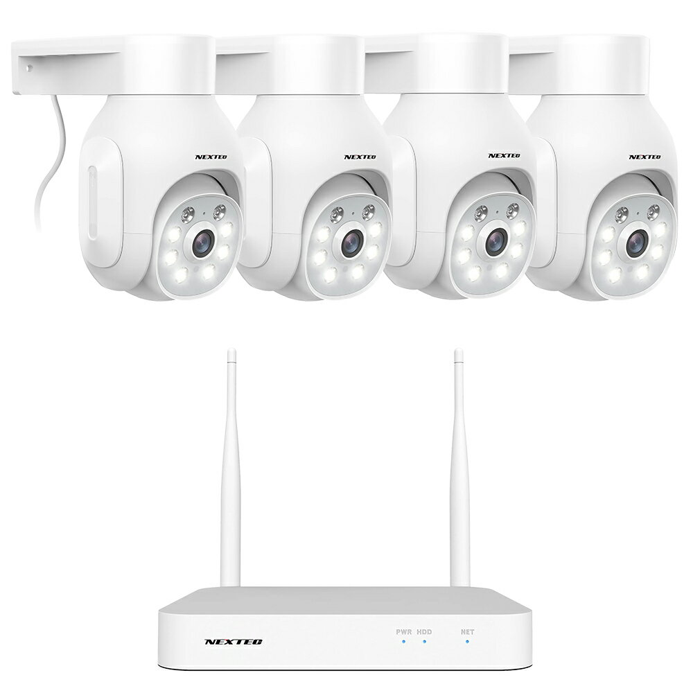 IP防犯カメラ4台 + 1TB HDD内蔵搭載レコーダー(最大10台接続可能)が同梱されたセットです。 ■500万画素の高画質 500万画素の高精細映像。自動補正等によりいつでも見やすさを保ちます。 ■あやしい人影を通知 PIRセンサーによって、動体を検知すると録画開始・リアルタイムにアラートを発信。スマホに通知が届きます。 ■アプリでどこでもチェック iPhoneやAndroidスマホ対応のアプリ・[ ESeecloud ] で、どこでもカメラ映像の監視・録画・設定が可能。複数のカメラを管理したり家族で情報共有も可能。 ■PTZ機能で死角なし アプリから自由にカメラの方向を変え、広い視野で防犯チェックをすることができます。 ■自動追尾機能 PIRセンサーが動きを検知すると、カメラが自動で追跡します。 ■双方向会話可能 現在カメラに映っている人に話しかけたり会話ができます。 ■夜間もあんしん 赤外線(照射距離：15m)の白黒映像から、LEDライト照射によるカラー映像にも切替え可能。 ■防塵防水：IP66 IP66の耐候性を備えているので、屋内外問わず設置できます。 ■中継器に対応 レコーダーとカメラ設置位置との中間地点に中継器 [ NX-R01 ] を設置してWi-Fi電波の有効距離を伸ばせます。 ・技適マーク取得済み商品 ■ カメラ仕様 電源 12V 1A 動体検知 　〇 ソーラーパネル 　─ バッテリー容量 　─ 記録媒体 microSDHCカード(最大32GBまでを推奨) イメージセンサー 1/2.8”CMOS センサー 画素数 500万画素 解像度 2880 x 1620 レンズ 3.6mm レンズ画角 対角：118度 / 水平：100度 / 垂直：54度 F値 F=2.0 焦点距離 3.6mm デイ＆ナイト機能 赤外線(照射距離：15m) + カラー(LEDライト) フレームレート 15fps 最低被写体照度 カラー: 0.1 Lux / 白黒: 0.01 Lux フリッカー機能 50HZ / 60HZ 音声 録音・双方向会話可能 ネットワーク Wi-Fiの [ 2.4GHz / 5GHz ] 帯に対応 対応アプリ ESeecloud [ iOS / Android ] 動作温度 -10°〜 +60° 外形寸法 奥行約115mm × 高さ約132mm × 横幅約83mm(突起部分含まず) 質量約390g 付属品 カメラ本体(ブラケット一体型)×1 ACアダプター(コード長：約2.9m)×1 防水キャップ×1、取付ネジ(1式)、簡易取扱説明書×1 ※microSDHCカードは付属しておりません (安定した録画の為に最大32GBまでを推奨します)。 ※製品の仕様は改良のため予告なしに変更することがあります。 ＊このカメラ製品の技適番号は「219-259520」です。 Wi-Fiなど、電波を使用する商品は総務省の厳しい技術基準適合審査を合格する必要がございます。 近年は、そうした過程を省いたり「技適マーク」を捏造したりする商品がございますのでご注意下さい。 技適審査を受けていない商品を使用すると、日本の電波法に違反し罪に問われる場合があります。 国内メーカー、エフ・アール・シーの防犯機器は日本の技術者の監修のもと、審査を通った「総務省技術基準適合品」です。 安心してご使用いただけます。 ■IPカメラを最大10台接続可能なネットワークデジタルレコーダー ＊カメラの接続や設定の際は、別途HDMI対応のモニター(テレビ等でも可)への接続が必要となります。 ■余裕のある1TBの容量のハードディスクを内蔵しているので安心です。 ■Wi-Fiの [ 2.4GHz / 5GHz ] 帯に対応。 iPhoneやAndroidスマホ対応のアプリ・[ ESeecloud ] で、どこでもカメラ映像の監視・再生が可能。 IPカメラが動体を検知すると録画が開始されてアラートを発信、外出先でもスマホに通知が届きます。 ＊microSDHCカードは付属しておりません(安定した録画の為に最大32GBまでを推奨します) ■外形寸法：長さ約181mm × 高さ約26mm × 奥行約150mm (突起部分含まず) ■質量：約271g ■ レコーダー仕様 電源 12V 3A 消費電力 0.7W 内蔵HDD 1TB（SATA） モニター 10インチ 最大接続台数 10台 録画モード 常時録画、イベント録画（動体検知） 解像度 800万 対応ストレージ microSDカード、HDD バックアップ USB 再生速度 最大8倍速 入力/出力 HDMI端子 / USB端子 / LAN端子 モニター出力 HDMI HDMI出力解像度 1280x1024, 1440x900, 1080P, 4K@30Hz 映像入力 10チャンネル 8MP 同時再生 4K:4チャンネル@3MP / 2チャンネル@5MP / 1チャンネル@8MP 音声 サポート ネットワーク RJ45 10M/100M ｜ WiFi: 2.4G/5G 対応アプリ ESeecloud [ iOS / Android ] 動作温度 / 湿度 -10°〜 +60°/ 40% 〜 60% 外形寸法 長さ約181mm × 高さ約26mm × 奥行約150mm (突起部分含まず) 質量約271g 付属品 本体×1、ACアダプター×1、 HDMIケーブル×1ネットワークケーブル×1、 マウス×1、簡易取扱説明書×1 ※microSDHCカードは付属しておりません (安定した録画の為に最大32GBまでを推奨します)。 ※製品の仕様は改良のため予告なしに変更することがあります。 ＊このレコーダー製品の技適番号は「219-259223」です。 Wi-Fiなど、電波を使用する商品は総務省の厳しい技術基準適合審査を合格する必要がございます。 近年は、そうした過程を省いたり「技適マーク」を捏造したりする商品がございますのでご注意下さい。 技適審査を受けていない商品を使用すると、日本の電波法に違反し罪に問われる場合があります。 国内メーカー、エフ・アール・シーの防犯機器は日本の技術者の監修のもと、審査を通った「総務省技術基準適合品」です。 安心してご使用いただけます。 対応アプリ [ EseeCloud ] について ＊ログイン後、アプリから課金を勧める表示が出ることがございますが、基本的に無料でご利用いただけるアプリですのでご注意ください。 エフ・アール・シー製のカメラ・レコーダー等の製品はEseeCloudアプリに対応しておりますが、EseeCloudアプリは汎用的なIPカメラ管理アプリであり、弊社とは異なる会社が開発・提供するアプリケーションとなります。 そのため、一般的なソフトウェアを利用する際に発生するのと同じように、各ユーザーとアプリ供給元の会社間で利用規約の確認やユーザー契約事項の確認があります。 本アプリ内で発生するクラウドサービスなどの有償サービスに関しては、各ユーザーとアプリ供給元の会社間での契約になり、これらの各有償サービスは弊社のサービス対象外となります。 問合せ・保証（アプリの問題や課金による損害）などの対象範囲外となります。アプリ供給元がアプリの仕様や機能について告知なく変更する場合もございますのでご了承ください。 カメラを弊社のデジタルレコーダーと接続してご利用される方は、デジタルレコーダーの取扱説明書をご覧ください。 アプリ [ EseeCloud ] のダウンロード アンドロイドの場合は Google Playストア、iPhone / iPADの場合は Appstore から、EseeCloud と検索してアプリケーションをご利用中の携帯端末へダウンロードします。 初めてアプリをご利用になる場合 ご利用中の携帯端末で本アプリを初めて起動する際、許可や通知を求めるメッセージが表示される場合があります。その場合、表示された許可や通知に対しては、全て「許可」と設定してください。許可をせずに進めると、アプリの機能に制限が発生し、本アプリ利用中の操作や運用に影響を与える可能性があります。設定が完了し、運用を開始した後に、許可した機能に制限をかけたい場合は、各設定より変更してください。 ユーザー登録とログイン 本アプリではメールアドレスの他に、Apple ID 、Google アカウント、LINE ID 、電話番号、いずれかでのユーザー登録が可能です。 以降の登録・操作方法については取扱説明書をご覧ください。