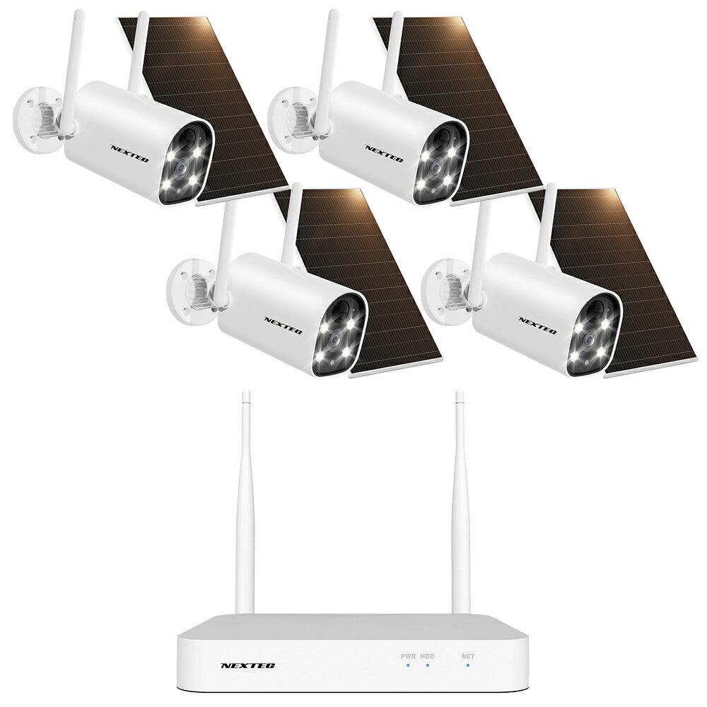 IP防犯カメラ4台 + 1TB HDD内蔵搭載レコーダー(最大10台接続可能)が同梱されたセットです。 ■400万画素の高解像度 細部まで確認可能な400万画素の高精細映像。自動逆光補正等によりいつでも見やすさを保ちます。 ■ソーラーパネル搭載 太陽光パネルによる充電と、本体内蔵のバッテリー [ 容量：5200mAh ] により、ほぼ給電の心配のない低電力消費運用が可能です。 ■あやしい人影を通知 PIRセンサーによって、動体を検知すると録画開始・リアルタイムにアラートを発信。外出先でもスマホに通知が届きます。 ■アプリでどこでもチェック iPhoneやAndroidスマホ対応のアプリ・[ ESeecloud ] で、どこでもカメラ映像の監視・録画・設定が可能。複数のカメラを管理したり家族で情報共有したりできます。 ■双方向会話可能 本体にマイクとスピーカーが搭載されているので、現在カメラに映っている人に話しかけたり会話したりすることができます。 ■夜間もあんしん 照射距離：10mの赤外線により、夜間も安心。白黒の赤外線映像から、LEDライト照射によるカラー映像に切り替えることもできます。 ■防塵防水：IP66 IP66の耐候性を備えているので、屋内外問わず設置が可能です。 ・技適マーク取得済み商品 ■ カメラ仕様 電源 5V 1A 動体検知 　〇 ソーラーパネル 付属（1.6W） バッテリー容量 5200mAh 記録媒体 microSDHCカード(最大32GBまでを推奨) イメージセンサー 1/3”CMOS センサー 画素数 400万画素 解像度 2560 x 1440 レンズ 3.6mm レンズ画角 対角：99度 / 水平：83度 / 垂直：44度 F値 F=2.0 焦点距離 3.6mm デイ＆ナイト機能 赤外線(照射距離：10m) + カラー(LEDライト) フレームレート 15fps 最低被写体照度 カラー: 0.1 Lux / 白黒: 0.01 Lux フリッカー機能 　─ 音声 録音・双方向会話可能 ネットワーク Wi-Fiの [ 2.4GHz / 5GHz ] 帯に対応 対応アプリ ESeecloud [ iOS / Android ] 動作温度 -10°〜 +60° 外形寸法 本体：長さ約120mm × 高さ約72mm × 横幅約55mm ソーラーパネル：長さ約140mm × 横幅約85mm 質量本体：約261gソーラーパネル(コード含む)：約117g 付属品 カメラ本体×1、カメラ用ブラケット×1ソーラーパネル×1、 ソーラーパネル用ブラケット×1 USBケーブル×1、取付けネジ(1式)、簡易取扱説明書×1 ※microSDHCカードは付属しておりません (安定した録画の為に最大32GBまでを推奨します)。 ※製品の仕様は改良のため予告なしに変更することがあります。 ＊このカメラ製品の技適番号は「219-259520」です。 Wi-Fiなど、電波を使用する商品は総務省の厳しい技術基準適合審査を合格する必要がございます。 近年は、そうした過程を省いたり「技適マーク」を捏造したりする商品がございますのでご注意下さい。 技適審査を受けていない商品を使用すると、日本の電波法に違反し罪に問われる場合があります。 国内メーカー、エフ・アール・シーの防犯機器は日本の技術者の監修のもと、審査を通った「総務省技術基準適合品」です。 安心してご使用いただけます。 ■IPカメラを最大10台接続可能なネットワークデジタルレコーダー ＊カメラの接続や設定の際は、別途HDMI対応のモニター(テレビ等でも可)への接続が必要となります。 ■余裕のある1TBの容量のハードディスクを内蔵しているので安心です。 ■Wi-Fiの [ 2.4GHz / 5GHz ] 帯に対応。 iPhoneやAndroidスマホ対応のアプリ・[ ESeecloud ] で、どこでもカメラ映像の監視・再生が可能。 IPカメラが動体を検知すると録画が開始されてアラートを発信、外出先でもスマホに通知が届きます。 ＊microSDHCカードは付属しておりません(安定した録画の為に最大32GBまでを推奨します) ■外形寸法：長さ約181mm × 高さ約26mm × 奥行約150mm (突起部分含まず) ■質量：約271g ■ レコーダー仕様 電源 12V 3A 消費電力 0.7W 内蔵HDD 1TB（SATA） モニター 10インチ 最大接続台数 10台 録画モード 常時録画、イベント録画（動体検知） 解像度 800万 対応ストレージ microSDカード、HDD バックアップ USB 再生速度 最大8倍速 入力/出力 HDMI端子 / USB端子 / LAN端子 モニター出力 HDMI HDMI出力解像度 1280x1024, 1440x900, 1080P, 4K@30Hz 映像入力 10チャンネル 8MP 同時再生 4K:4チャンネル@3MP / 2チャンネル@5MP / 1チャンネル@8MP 音声 サポート ネットワーク RJ45 10M/100M ｜ WiFi: 2.4G/5G 対応アプリ ESeecloud [ iOS / Android ] 動作温度 / 湿度 -10°〜 +60°/ 40% 〜 60% 外形寸法 長さ約181mm × 高さ約26mm × 奥行約150mm (突起部分含まず) 質量約271g 付属品 本体×1、ACアダプター×1、 HDMIケーブル×1ネットワークケーブル×1、 マウス×1、簡易取扱説明書×1 ※microSDHCカードは付属しておりません (安定した録画の為に最大32GBまでを推奨します)。 ※製品の仕様は改良のため予告なしに変更することがあります。 ＊このレコーダー製品の技適番号は「219-259223」です。 Wi-Fiなど、電波を使用する商品は総務省の厳しい技術基準適合審査を合格する必要がございます。 近年は、そうした過程を省いたり「技適マーク」を捏造したりする商品がございますのでご注意下さい。 技適審査を受けていない商品を使用すると、日本の電波法に違反し罪に問われる場合があります。 国内メーカー、エフ・アール・シーの防犯機器は日本の技術者の監修のもと、審査を通った「総務省技術基準適合品」です。 安心してご使用いただけます。 対応アプリ [ EseeCloud ] について ＊ログイン後、アプリから課金を勧める表示が出ることがございますが、基本的に無料でご利用いただけるアプリですのでご注意ください。 エフ・アール・シー製のカメラ・レコーダー等の製品はEseeCloudアプリに対応しておりますが、EseeCloudアプリは汎用的なIPカメラ管理アプリであり、弊社とは異なる会社が開発・提供するアプリケーションとなります。 そのため、一般的なソフトウェアを利用する際に発生するのと同じように、各ユーザーとアプリ供給元の会社間で利用規約の確認やユーザー契約事項の確認があります。 本アプリ内で発生するクラウドサービスなどの有償サービスに関しては、各ユーザーとアプリ供給元の会社間での契約になり、これらの各有償サービスは弊社のサービス対象外となります。 問合せ・保証（アプリの問題や課金による損害）などの対象範囲外となります。アプリ供給元がアプリの仕様や機能について告知なく変更する場合もございますのでご了承ください。 カメラを弊社のデジタルレコーダーと接続してご利用される方は、デジタルレコーダーの取扱説明書をご覧ください。 アプリ [ EseeCloud ] のダウンロード アンドロイドの場合は Google Playストア、iPhone / iPADの場合は Appstore から、EseeCloud と検索してアプリケーションをご利用中の携帯端末へダウンロードします。 初めてアプリをご利用になる場合 ご利用中の携帯端末で本アプリを初めて起動する際、許可や通知を求めるメッセージが表示される場合があります。その場合、表示された許可や通知に対しては、全て「許可」と設定してください。許可をせずに進めると、アプリの機能に制限が発生し、本アプリ利用中の操作や運用に影響を与える可能性があります。設定が完了し、運用を開始した後に、許可した機能に制限をかけたい場合は、各設定より変更してください。 ユーザー登録とログイン 本アプリではメールアドレスの他に、Apple ID 、Google アカウント、LINE ID 、電話番号、いずれかでのユーザー登録が可能です。 以降の登録・操作方法については取扱説明書をご覧ください。