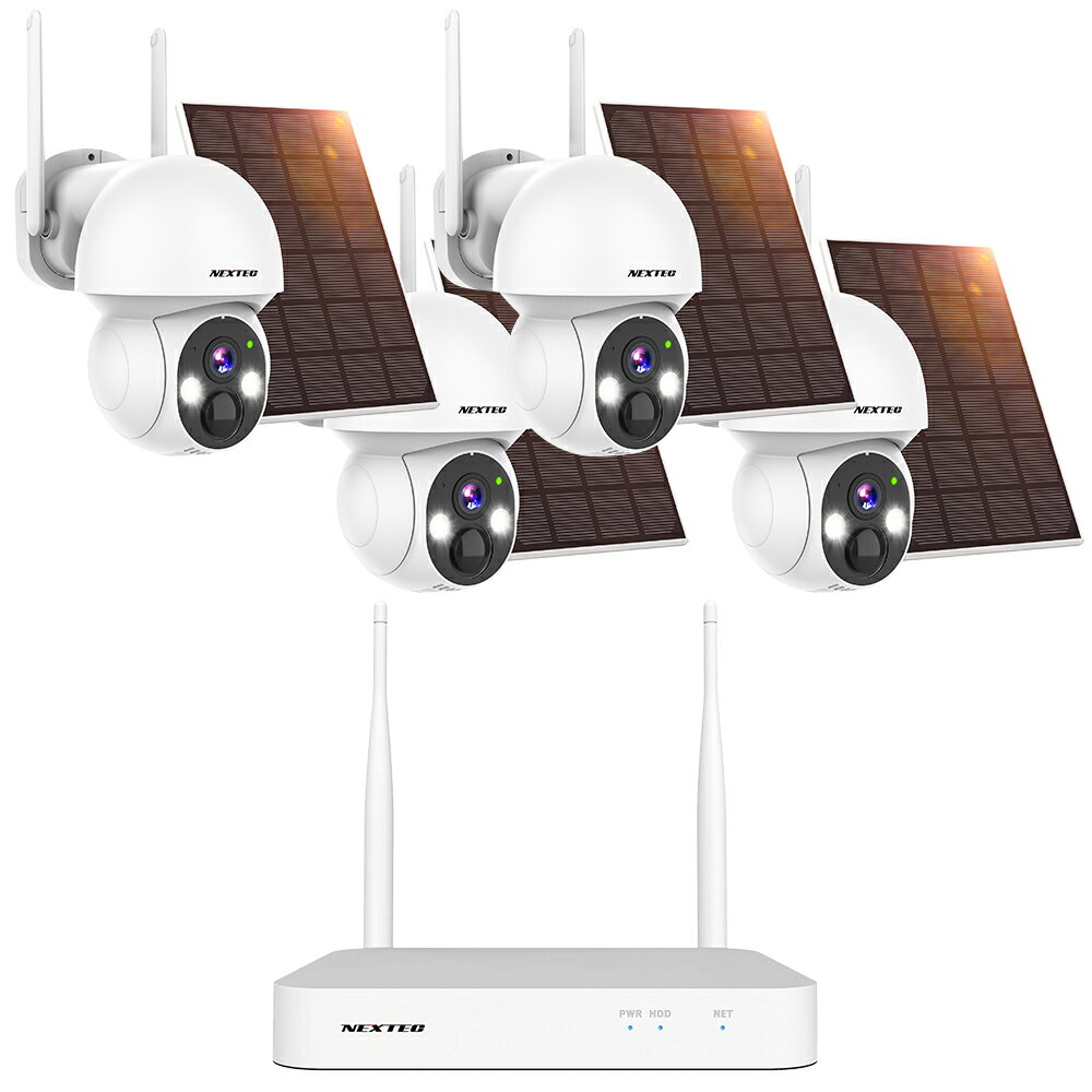 IP防犯カメラ4台 + 1TB HDD搭載レコーダー(最大10台接続可能)が同梱されたセットです。 ■400万画素の高解像度 細部まで確認可能な400万画素の高精細映像。自動逆光補正等によりいつでも見やすさを保ちます。 ■ソーラーパネル搭載 太陽光パネルによる充電と、本体内蔵のバッテリー [ 容量：5200mAh ] により、ほぼ給電の心配のない低電力消費運用が可能です。 ■PTZ機能で死角なし カメラを上下左右にパン/チルト。スマホアプリで操作して、気になる方向をチェック可能。 ■あやしい人影を通知 PIRセンサーによって、動体を検知すると録画開始・リアルタイムにアラートを発信。外出先でもスマホに通知が届きます。 ■アプリでどこでもチェック iPhoneやAndroidスマホ対応のアプリ・[ ESeecloud ] で、どこでもカメラ映像の監視・録画・設定が可能。複数のカメラを管理したり家族で情報共有したりできます。 ■双方向会話可能 本体にマイクとスピーカーが搭載されているので、現在カメラに映っている人に話しかけたり会話したりすることができます。 ■夜間もあんしん 照射距離：10mの赤外線により、夜間も安心。白黒の赤外線映像から、LEDライト照射によるカラー映像に切り替えることもできます。 ■防塵防水：IP66 IP66の耐候性を備えているので、屋内外問わず設置が可能です。 ・技適マーク取得済み商品 ■ カメラ仕様 電源 5V 1A 動体検知 　〇 ソーラーパネル 付属（3W） バッテリー容量 5200mAh 記録媒体 microSDHCカード(最大32GBまでを推奨) イメージセンサー 1/3”CMOS センサー 画素数 400万画素 解像度 2560 x 1440 レンズ 3.6mm レンズ画角 対角：117度 / 水平：100度 / 垂直：54度 F値 F=2.2 焦点距離 3.6mm デイ＆ナイト機能 赤外線(照射距離：10m) + カラー(LEDライト) フレームレート 15fps 最低被写体照度 カラー: 0.1 Lux / 白黒: 0.01 Lux フリッカー機能 　─ 音声 録音・双方向会話可能 ネットワーク Wi-Fiの [ 2.4GHz / 5GHz ] 帯に対応 対応アプリ ESeecloud [ iOS / Android ] 動作温度 -10°〜 +60° 外形寸法 本体：奥行約130mm × 高さ約127mm × 横幅約80mm ソーラーパネル：長さ約175mm × 横幅約120mm 質量本体：約436gソーラーパネル(コード含む)：約186g 付属品 カメラ本体×1、カメラ用ブラケット×1、ソーラーパネル×1 ソーラーパネル用ブラケット×1、 USBケーブル×1 ネジ(1式)、簡易取扱説明書×1 ※microSDHCカードは付属しておりません (安定した録画の為に最大32GBまでを推奨します)。 ※製品の仕様は改良のため予告なしに変更することがあります。 ＊このカメラ製品の技適番号は「219-259520」です。 Wi-Fiなど、電波を使用する商品は総務省の厳しい技術基準適合審査を合格する必要がございます。 近年は、そうした過程を省いたり「技適マーク」を捏造したりする商品がございますのでご注意下さい。 技適審査を受けていない商品を使用すると、日本の電波法に違反し罪に問われる場合があります。 国内メーカー、エフ・アール・シーの防犯機器は日本の技術者の監修のもと、審査を通った「総務省技術基準適合品」です。 安心してご使用いただけます。 ■IPカメラを最大10台接続可能なネットワークデジタルレコーダー ＊カメラの接続や設定の際は、別途HDMI対応のモニター(テレビ等でも可)への接続が必要となります。 ■余裕のある1TBの容量のハードディスクを内蔵しているので安心です。 ■Wi-Fiの [ 2.4GHz / 5GHz ] 帯に対応。 iPhoneやAndroidスマホ対応のアプリ・[ ESeecloud ] で、どこでもカメラ映像の監視・再生が可能。 IPカメラが動体を検知すると録画が開始されてアラートを発信、外出先でもスマホに通知が届きます。 ＊microSDHCカードは付属しておりません(安定した録画の為に最大32GBまでを推奨します) ■外形寸法：長さ約181mm × 高さ約26mm × 奥行約150mm (突起部分含まず) ■質量：約271g ■ レコーダー仕様 電源 12V 3A 消費電力 0.7W 内蔵HDD 1TB（SATA） モニター 10インチ 最大接続台数 10台 録画モード 常時録画、イベント録画（動体検知） 解像度 800万 対応ストレージ microSDカード、HDD バックアップ USB 再生速度 最大8倍速 入力/出力 HDMI端子 / USB端子 / LAN端子 モニター出力 HDMI HDMI出力解像度 1280x1024, 1440x900, 1080P, 4K@30Hz 映像入力 10チャンネル 8MP 同時再生 4K:4チャンネル@3MP / 2チャンネル@5MP / 1チャンネル@8MP 音声 サポート ネットワーク RJ45 10M/100M ｜ WiFi: 2.4G/5G 対応アプリ ESeecloud [ iOS / Android ] 動作温度 / 湿度 -10°〜 +60°/ 40% 〜 60% 外形寸法 長さ約181mm × 高さ約26mm × 奥行約150mm (突起部分含まず) 質量約271g 付属品 本体×1、ACアダプター×1、 HDMIケーブル×1ネットワークケーブル×1、 マウス×1、簡易取扱説明書×1 ※microSDHCカードは付属しておりません (安定した録画の為に最大32GBまでを推奨します)。 ※製品の仕様は改良のため予告なしに変更することがあります。 ＊このレコーダー製品の技適番号は「219-259223」です。 Wi-Fiなど、電波を使用する商品は総務省の厳しい技術基準適合審査を合格する必要がございます。 近年は、そうした過程を省いたり「技適マーク」を捏造したりする商品がございますのでご注意下さい。 技適審査を受けていない商品を使用すると、日本の電波法に違反し罪に問われる場合があります。 国内メーカー、エフ・アール・シーの防犯機器は日本の技術者の監修のもと、審査を通った「総務省技術基準適合品」です。 安心してご使用いただけます。 対応アプリ [ EseeCloud ] について ＊ログイン後、アプリから課金を勧める表示が出ることがございますが、基本的に無料でご利用いただけるアプリですのでご注意ください。 エフ・アール・シー製のカメラ・レコーダー等の製品はEseeCloudアプリに対応しておりますが、EseeCloudアプリは汎用的なIPカメラ管理アプリであり、弊社とは異なる会社が開発・提供するアプリケーションとなります。 そのため、一般的なソフトウェアを利用する際に発生するのと同じように、各ユーザーとアプリ供給元の会社間で利用規約の確認やユーザー契約事項の確認があります。 本アプリ内で発生するクラウドサービスなどの有償サービスに関しては、各ユーザーとアプリ供給元の会社間での契約になり、これらの各有償サービスは弊社のサービス対象外となります。 問合せ・保証（アプリの問題や課金による損害）などの対象範囲外となります。アプリ供給元がアプリの仕様や機能について告知なく変更する場合もございますのでご了承ください。 カメラを弊社のデジタルレコーダーと接続してご利用される方は、デジタルレコーダーの取扱説明書をご覧ください。 アプリ [ EseeCloud ] のダウンロード アンドロイドの場合は Google Playストア、iPhone / iPADの場合は Appstore から、EseeCloud と検索してアプリケーションをご利用中の携帯端末へダウンロードします。 初めてアプリをご利用になる場合 ご利用中の携帯端末で本アプリを初めて起動する際、許可や通知を求めるメッセージが表示される場合があります。その場合、表示された許可や通知に対しては、全て「許可」と設定してください。許可をせずに進めると、アプリの機能に制限が発生し、本アプリ利用中の操作や運用に影響を与える可能性があります。設定が完了し、運用を開始した後に、許可した機能に制限をかけたい場合は、各設定より変更してください。 ユーザー登録とログイン 本アプリではメールアドレスの他に、Apple ID 、Google アカウント、LINE ID 、電話番号、いずれかでのユーザー登録が可能です。 以降の登録・操作方法については取扱説明書をご覧ください。