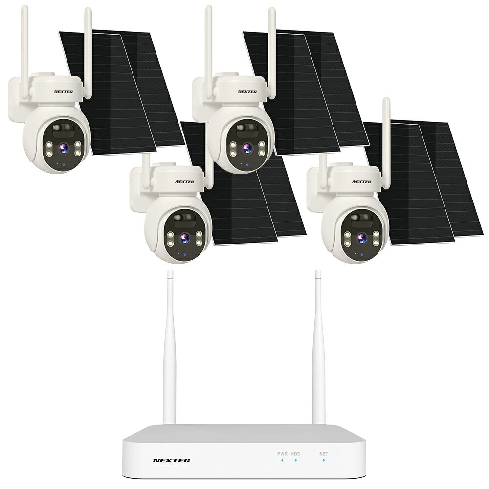 IP防犯カメラ4台 + 1TB HDD搭載レコーダー(最大10台接続可能)が同梱されたセットです。 ■400万画素の高解像度 細部まで確認可能な400万画素の高精細映像。自動逆光補正等によりいつでも見やすさを保ちます。 ■ダブルソーラーパネル搭載 2枚の太陽光パネルによる充電と、本体内蔵のバッテリー [ 容量：12000mAh ] により、ほぼ給電の心配のない低電力消費運用が可能です。 ■PTZ機能で死角なし カメラを上下左右にパン/チルト。スマホアプリで操作して、気になる方向をチェック可能。 ■あやしい人影を通知 PIRセンサーによって、動体を検知すると録画開始・リアルタイムにアラートを発信。外出先でもスマホに通知が届きます。 ■アプリでどこでもチェック iPhoneやAndroidスマホ対応のアプリ・[ ESeecloud ] で、どこでもカメラ映像の監視・録画・設定が可能。複数のカメラを管理したり家族で情報共有したりできます。 ■双方向会話可能 本体にマイクとスピーカーが搭載されているので、現在カメラに映っている人に話しかけたり会話したりすることができます。 ■夜間もあんしん 照射距離：10mの赤外線により、夜間も安心。白黒の赤外線映像から、LEDライト照射によるカラー映像に切り替えることもできます。 ■防塵防水：IP66 IP66の耐候性を備えているので、屋内外問わず設置が可能です。 ・技適マーク取得済み商品 ■ カメラ仕様 電源 5V 1A 動体検知 　〇 ソーラーパネル 2枚付属（16W） バッテリー容量 12000mAh 記録媒体 microSDHCカード(最大32GBまでを推奨) イメージセンサー 1/3”CMOS センサー 画素数 400万画素 解像度 2880 x 1620 レンズ 3.6mm レンズ画角 対角：88度 / 水平：75度 / 垂直：40度 F値 F=2.0 焦点距離 3.6mm デイ＆ナイト機能 赤外線(照射距離：15m) + カラー(LEDライト) フレームレート 15fps 最低被写体照度 カラー: 0.1 Lux / 白黒: 0.01 Lux フリッカー機能 　─ 音声 録音・双方向会話可能 ネットワーク Wi-Fiの [ 2.4GHz / 5GHz ] 帯に対応 対応アプリ ESeecloud [ iOS / Android ] 動作温度 -10°〜 +60° 外形寸法 本体：奥行約145mm × 高さ約147mm × 横幅約100mm ソーラーパネル：長さ約240mm × 横幅約175mm 質量約691gソーラーパネル(1枚/コード含む)：約296g 付属品 カメラ本体×1、カメラ用ブラケット×1、ソーラーパネル×2 ソーラーパネル用ブラケット(+取付ネジ一式)×2 USBケーブル×1、ソーラーパネル用USBケーブル(Y字タイプ)×1 取付ネジ(1式)、アタリ取り用紙(1式)、簡易取扱説明書×1 ※microSDHCカードは付属しておりません (安定した録画の為に最大32GBまでを推奨します)。 ※製品の仕様は改良のため予告なしに変更することがあります。 ＊このカメラ製品の技適番号は「219-259520」です。 Wi-Fiなど、電波を使用する商品は総務省の厳しい技術基準適合審査を合格する必要がございます。 近年は、そうした過程を省いたり「技適マーク」を捏造したりする商品がございますのでご注意下さい。 技適審査を受けていない商品を使用すると、日本の電波法に違反し罪に問われる場合があります。 国内メーカー、エフ・アール・シーの防犯機器は日本の技術者の監修のもと、審査を通った「総務省技術基準適合品」です。 安心してご使用いただけます。 ■IPカメラを最大10台接続可能なネットワークデジタルレコーダー ＊カメラの接続や設定の際は、別途HDMI対応のモニター(テレビ等でも可)への接続が必要となります。 ■余裕のある1TBの容量のハードディスクを内蔵しているので安心です。 ■Wi-Fiの [ 2.4GHz / 5GHz ] 帯に対応。 iPhoneやAndroidスマホ対応のアプリ・[ ESeecloud ] で、どこでもカメラ映像の監視・再生が可能。 IPカメラが動体を検知すると録画が開始されてアラートを発信、外出先でもスマホに通知が届きます。 ＊microSDHCカードは付属しておりません(安定した録画の為に最大32GBまでを推奨します) ■外形寸法：長さ約181mm × 高さ約26mm × 奥行約150mm (突起部分含まず) ■質量：約271g ■ レコーダー仕様 電源 12V 3A 消費電力 0.7W 内蔵HDD 1TB（SATA） モニター 10インチ 最大接続台数 10台 録画モード 常時録画、イベント録画（動体検知） 解像度 800万 対応ストレージ microSDカード、HDD バックアップ USB 再生速度 最大8倍速 入力/出力 HDMI端子 / USB端子 / LAN端子 モニター出力 HDMI HDMI出力解像度 1280x1024, 1440x900, 1080P, 4K@30Hz 映像入力 10チャンネル 8MP 同時再生 4K:4チャンネル@3MP / 2チャンネル@5MP / 1チャンネル@8MP 音声 サポート ネットワーク RJ45 10M/100M ｜ WiFi: 2.4G/5G 対応アプリ ESeecloud [ iOS / Android ] 動作温度 / 湿度 -10°〜 +60°/ 40% 〜 60% 外形寸法 長さ約181mm × 高さ約26mm × 奥行約150mm (突起部分含まず) 質量約271g 付属品 本体×1、ACアダプター×1、 HDMIケーブル×1ネットワークケーブル×1、 マウス×1、簡易取扱説明書×1 ※microSDHCカードは付属しておりません (安定した録画の為に最大32GBまでを推奨します)。 ※製品の仕様は改良のため予告なしに変更することがあります。 ＊このレコーダー製品の技適番号は「219-259223」です。 Wi-Fiなど、電波を使用する商品は総務省の厳しい技術基準適合審査を合格する必要がございます。 近年は、そうした過程を省いたり「技適マーク」を捏造したりする商品がございますのでご注意下さい。 技適審査を受けていない商品を使用すると、日本の電波法に違反し罪に問われる場合があります。 国内メーカー、エフ・アール・シーの防犯機器は日本の技術者の監修のもと、審査を通った「総務省技術基準適合品」です。 安心してご使用いただけます。 対応アプリ [ EseeCloud ] について ＊ログイン後、アプリから課金を勧める表示が出ることがございますが、基本的に無料でご利用いただけるアプリですのでご注意ください。 エフ・アール・シー製のカメラ・レコーダー等の製品はEseeCloudアプリに対応しておりますが、EseeCloudアプリは汎用的なIPカメラ管理アプリであり、弊社とは異なる会社が開発・提供するアプリケーションとなります。 そのため、一般的なソフトウェアを利用する際に発生するのと同じように、各ユーザーとアプリ供給元の会社間で利用規約の確認やユーザー契約事項の確認があります。 本アプリ内で発生するクラウドサービスなどの有償サービスに関しては、各ユーザーとアプリ供給元の会社間での契約になり、これらの各有償サービスは弊社のサービス対象外となります。 問合せ・保証（アプリの問題や課金による損害）などの対象範囲外となります。アプリ供給元がアプリの仕様や機能について告知なく変更する場合もございますのでご了承ください。 カメラを弊社のデジタルレコーダーと接続してご利用される方は、デジタルレコーダーの取扱説明書をご覧ください。 アプリ [ EseeCloud ] のダウンロード アンドロイドの場合は Google Playストア、iPhone / iPADの場合は Appstore から、EseeCloud と検索してアプリケーションをご利用中の携帯端末へダウンロードします。 初めてアプリをご利用になる場合 ご利用中の携帯端末で本アプリを初めて起動する際、許可や通知を求めるメッセージが表示される場合があります。その場合、表示された許可や通知に対しては、全て「許可」と設定してください。許可をせずに進めると、アプリの機能に制限が発生し、本アプリ利用中の操作や運用に影響を与える可能性があります。設定が完了し、運用を開始した後に、許可した機能に制限をかけたい場合は、各設定より変更してください。 ユーザー登録とログイン 本アプリではメールアドレスの他に、Apple ID 、Google アカウント、LINE ID 、電話番号、いずれかでのユーザー登録が可能です。 以降の登録・操作方法については取扱説明書をご覧ください。