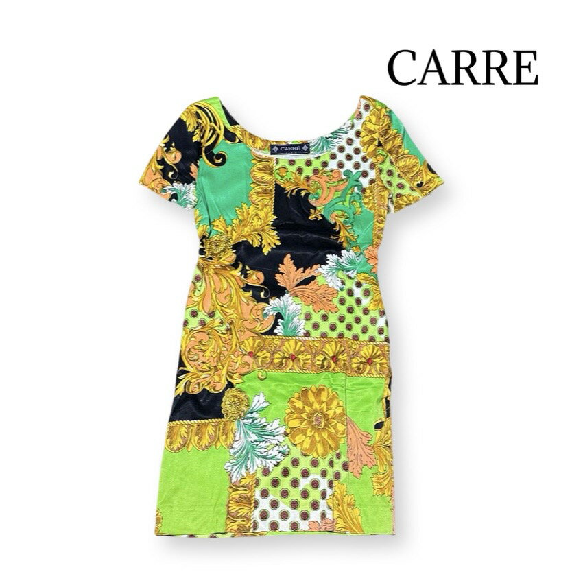 Rakuten - CARRE バロック フラワー 総柄 半袖 ワンピース レトロ ドレス グリーン ゴールド マルチカラー レディース【中古】【鑑定済み】【送料無料】