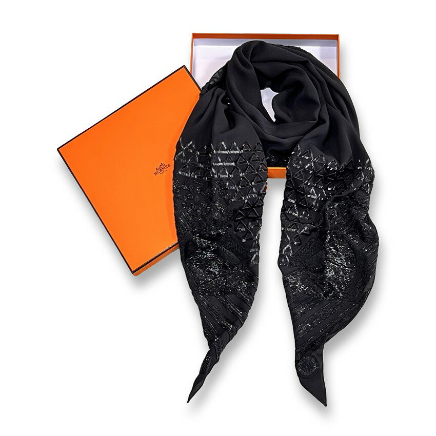 HERMES エルメス ビジュー装飾 シルク 大判 ショール ストール スカーフ ひし形 ブラック【中古】【鑑定済み】【送料無料】