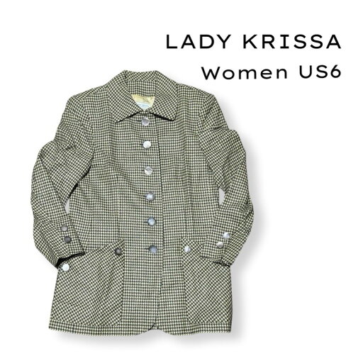LADY KRISSA 千鳥格子柄 ウール ワイドカラー ジャケット コート size US6 イエロー レディース スイス製【中古】【鑑定済み】【送料無料】 LADY KRISSA 千鳥格子柄 ウール ワイドカラー ジャケット コート size US6 イエロー レディース スイス製【中古】【鑑定済み】【送料無料】