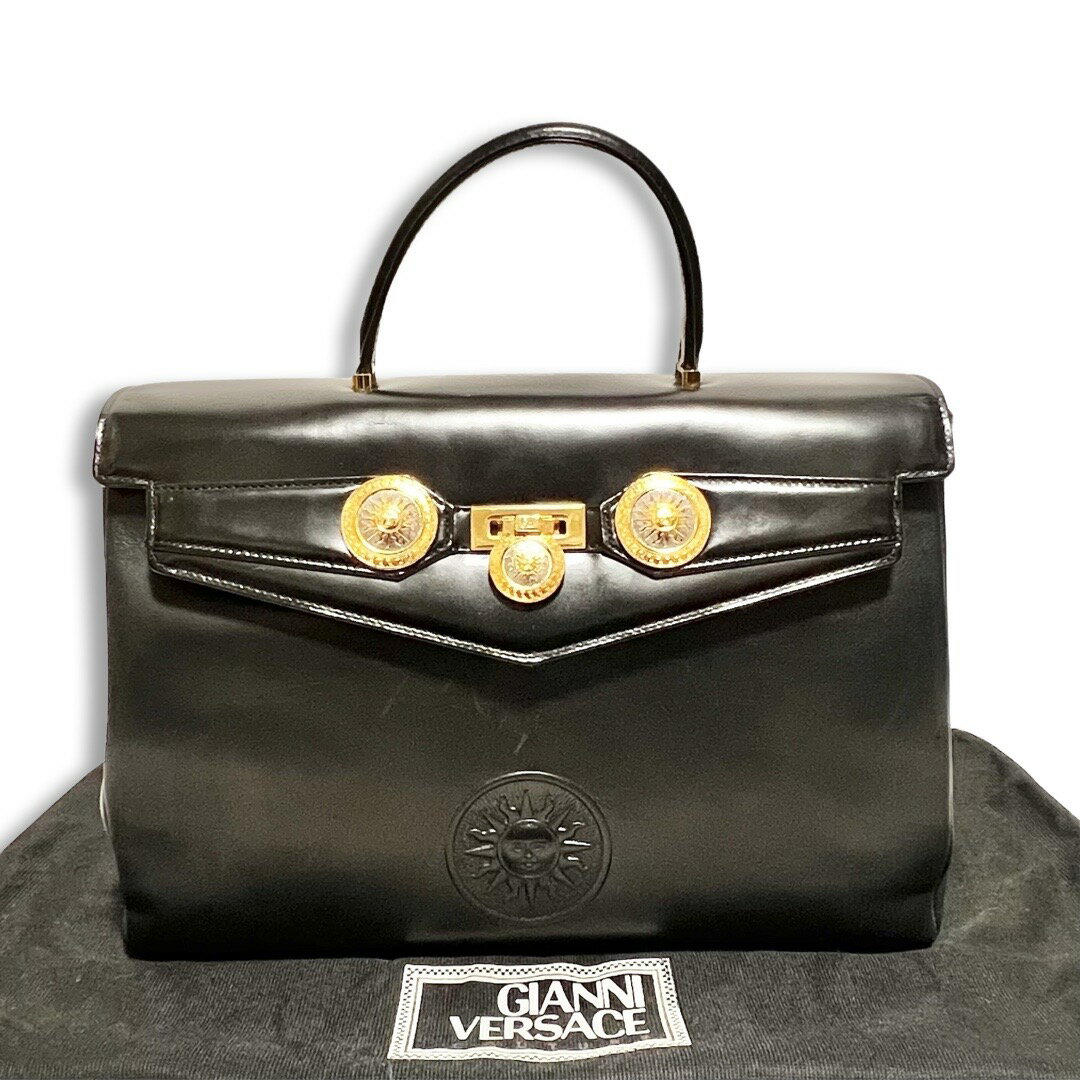 GIANNI VERSACE ジャンニヴェルサーチェ サンバースト レザー ハンドバッグ ブリーフケース ブラック 大型 ヴィンテージ【中古】【鑑定済み】【送料無料】