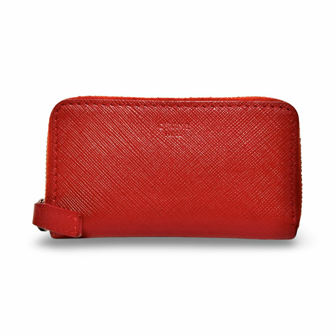 CELINE - CELINE セリーヌ コンパクト レザー コインケース 小銭入れ 財布 ラウンドファスナー レッド【中古】【鑑定済み】【送料無料】