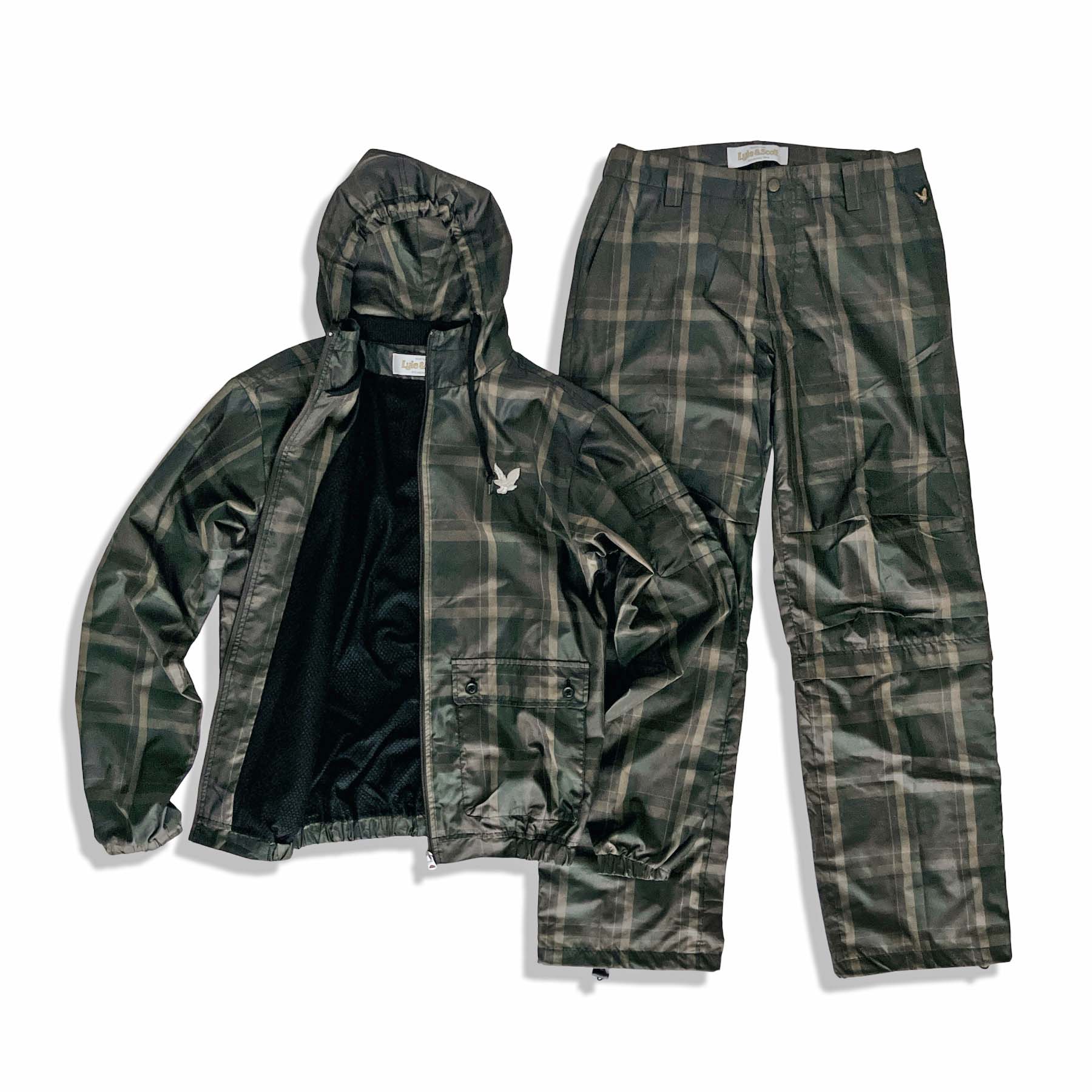 Lyle & Scott ライルアンドスコット チェック柄 ナイロン フード付ブルゾン パンツ セットアップ カーキ size L メンズ【中古】【鑑定済み】