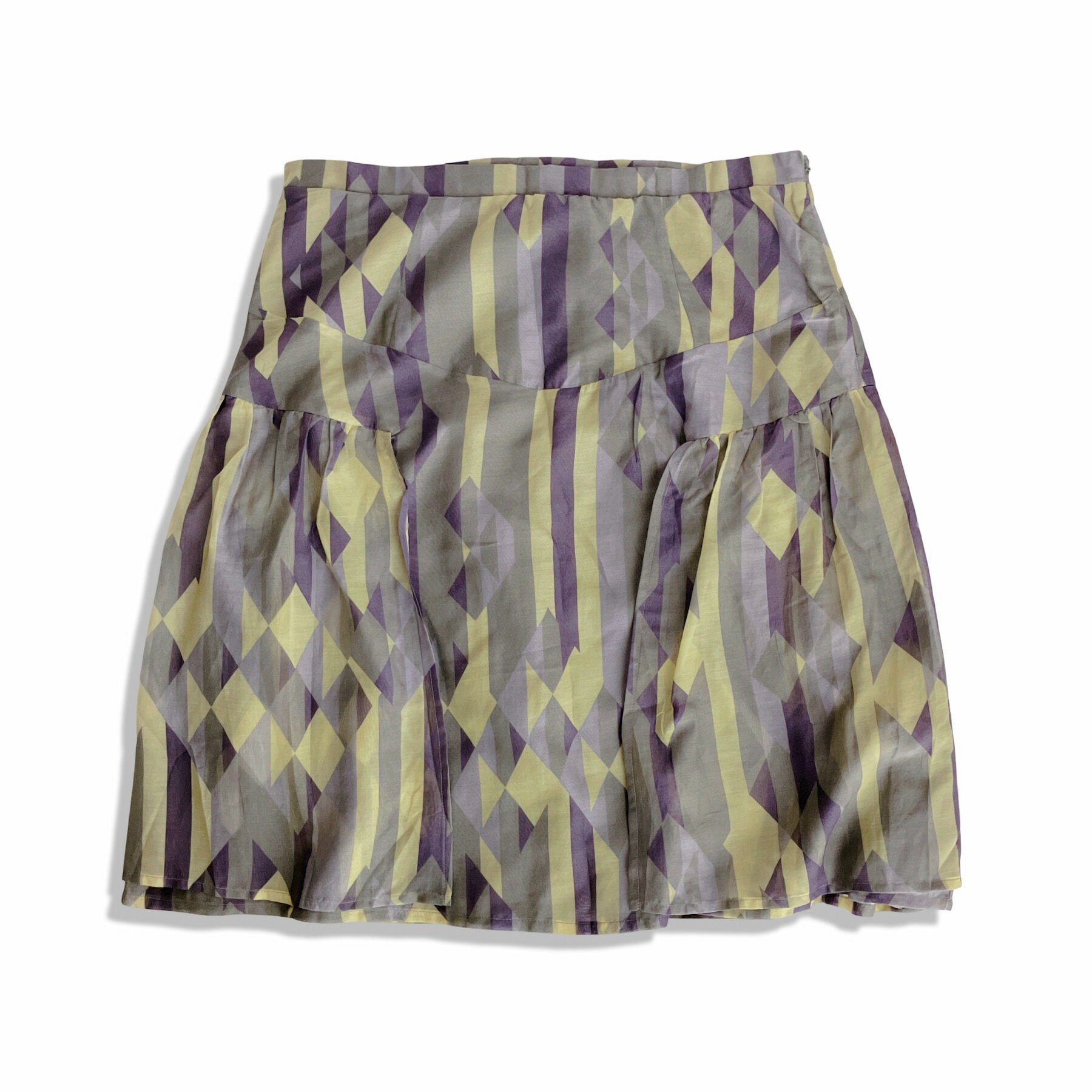 Rakuten - ANTEPRIMA アンテプリマ STAMPA ROMBO シルク混 総柄 フレア 膝丈 スカート パープル グレー イエロー size 42 国内正規タグ イタリア製【中古】【鑑定済み】
