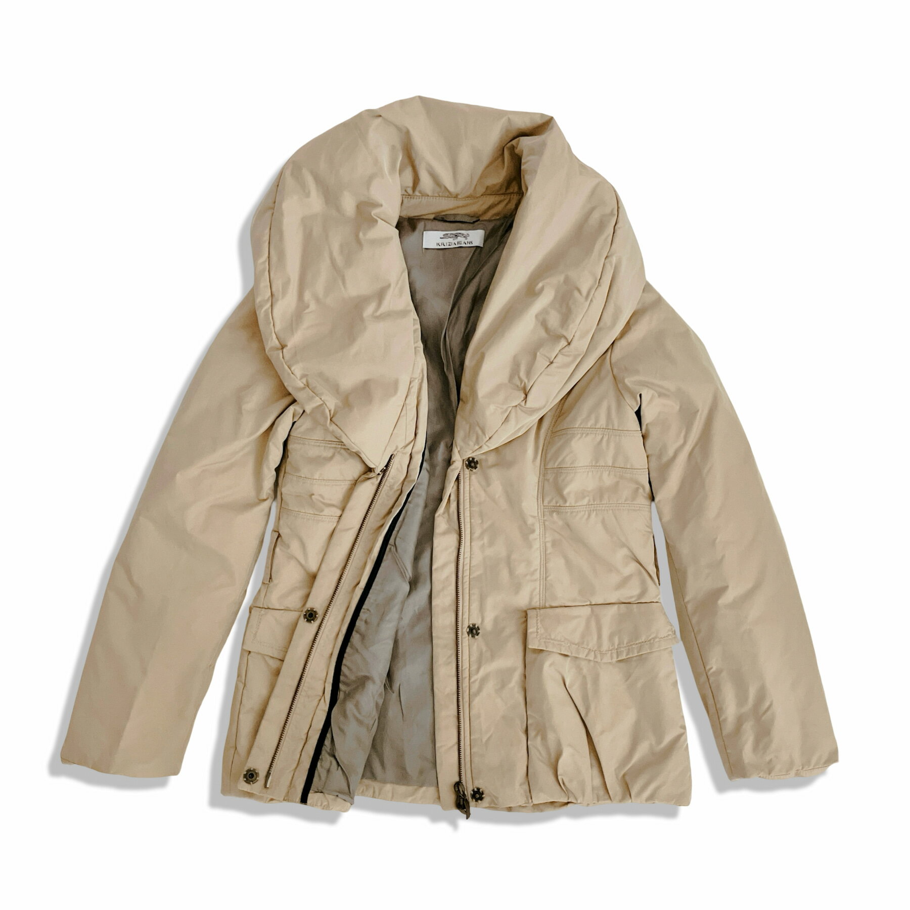 KRIZIA JEANS クリツィア ジーンズ ボリュームカラー コート ブルゾン ベージュ size 42 ベルト付き レディース イタリア製【中古】【鑑定済み】