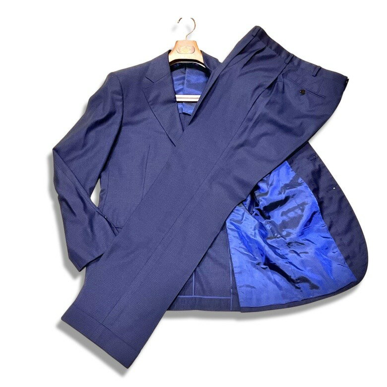 COL コルウ ビスポーク EXTRA FINE MERINO WOOL 格子柄 3B シングル スーツ ネイビー メンズ 日本製【中古】【鑑定済み】【送料無料】