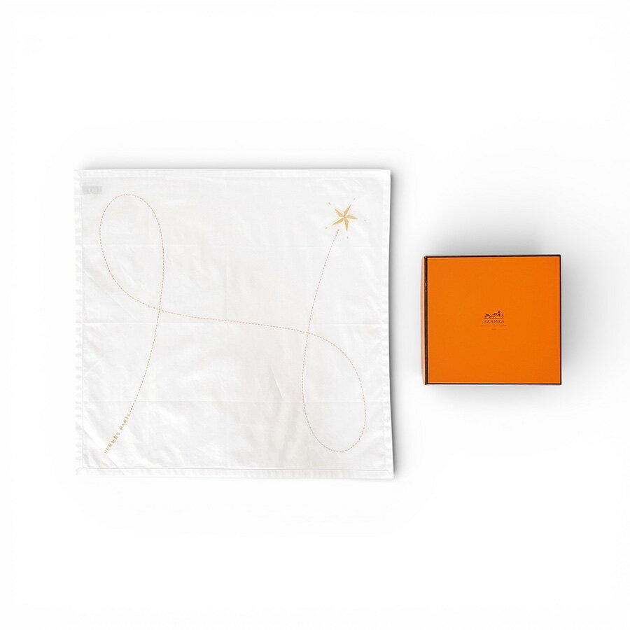 HERMES エルメス Konstellation コンステラシオン Hロゴ スター 刺繍 ハンカチーフ コットン ホワイト 箱有り Aランク【中古】【鑑定済み】