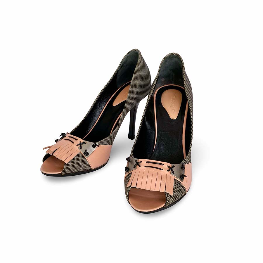 乐天商城 - BOTTEGA VENETA ボッテガヴェネタ フリンジ オープントゥ パンプス ピンクベージュ グレー クロスステッチ ピンヒール size37 レディース シューズ【中古】【鑑定済み】