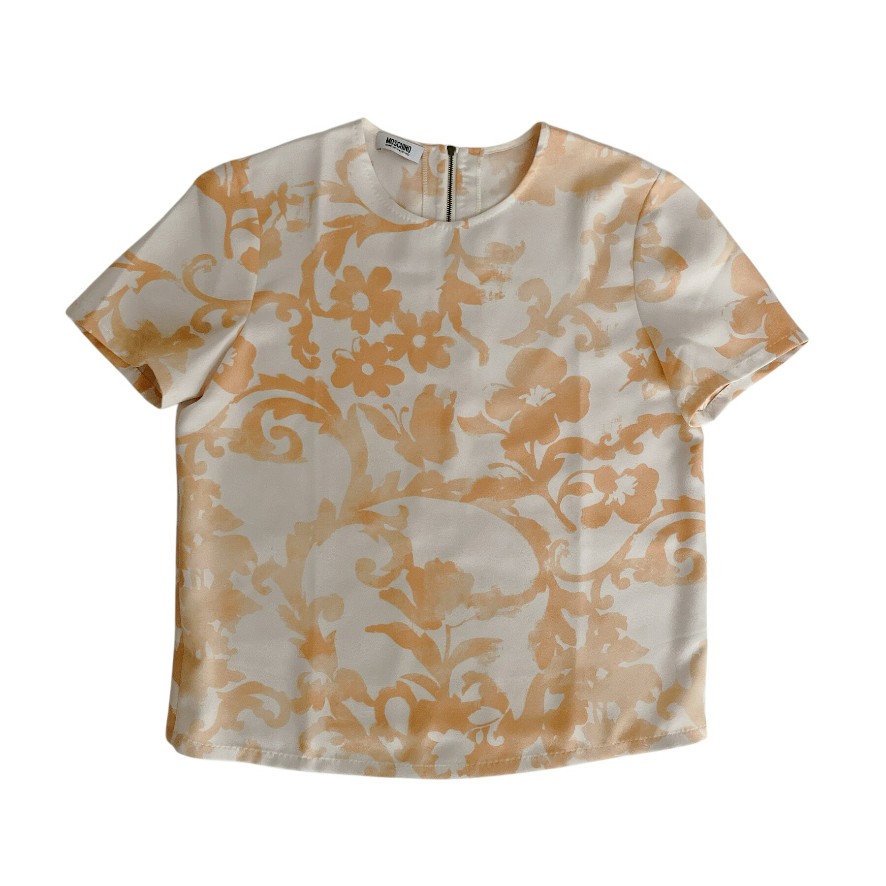 Rakuten - MOSCHINO モスキーノ 花柄 総柄 半袖 丸首 カットソー Tシャツ プルオーバー オレンジ 後ろファスナー size 46 レディース イタリア製 正規品【中古】【鑑定済み】