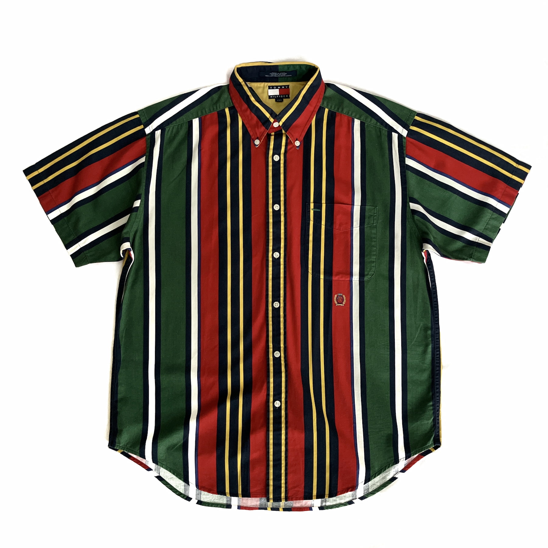 TOMMY HILFIGER �g�~�[ �q���t�B�K�[ �X�g���C�v�� �����|�C���g �h�J ���� �R�b�g�� �V���c �}���`�J���[ �{�^��� �E�� size L �����Y �J�W���A�� ����  �Ӓ�ς�    