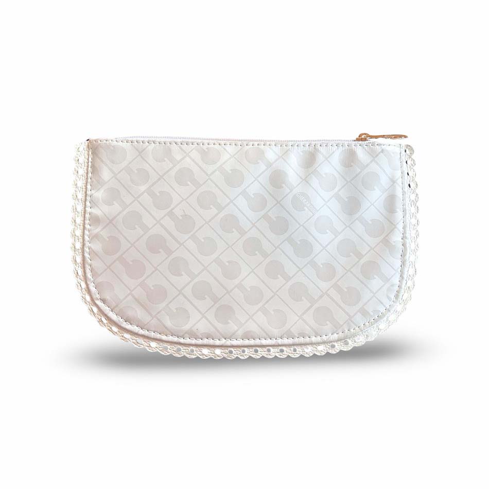 GHERARDINI ゲラルディーニ ロゴ ナイロン ホワイト ベージュ ポーチ ゴールド金具 ファスナー開閉 レディス【中古】【鑑定済み】【送料無料】